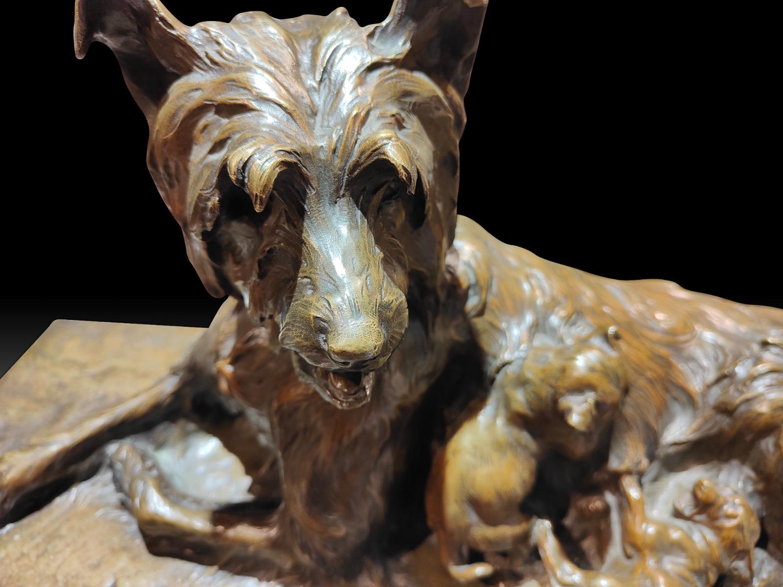 Charles Paillet (French, 1871-1937) bronze

Bronze Figure of a Mother Dog with Two Puppies, Maternite, the recumbent dog with two hungry pups, dark brown patina, incised artist's signature, Medaille d'or, and 5845, raised title,, set atop green