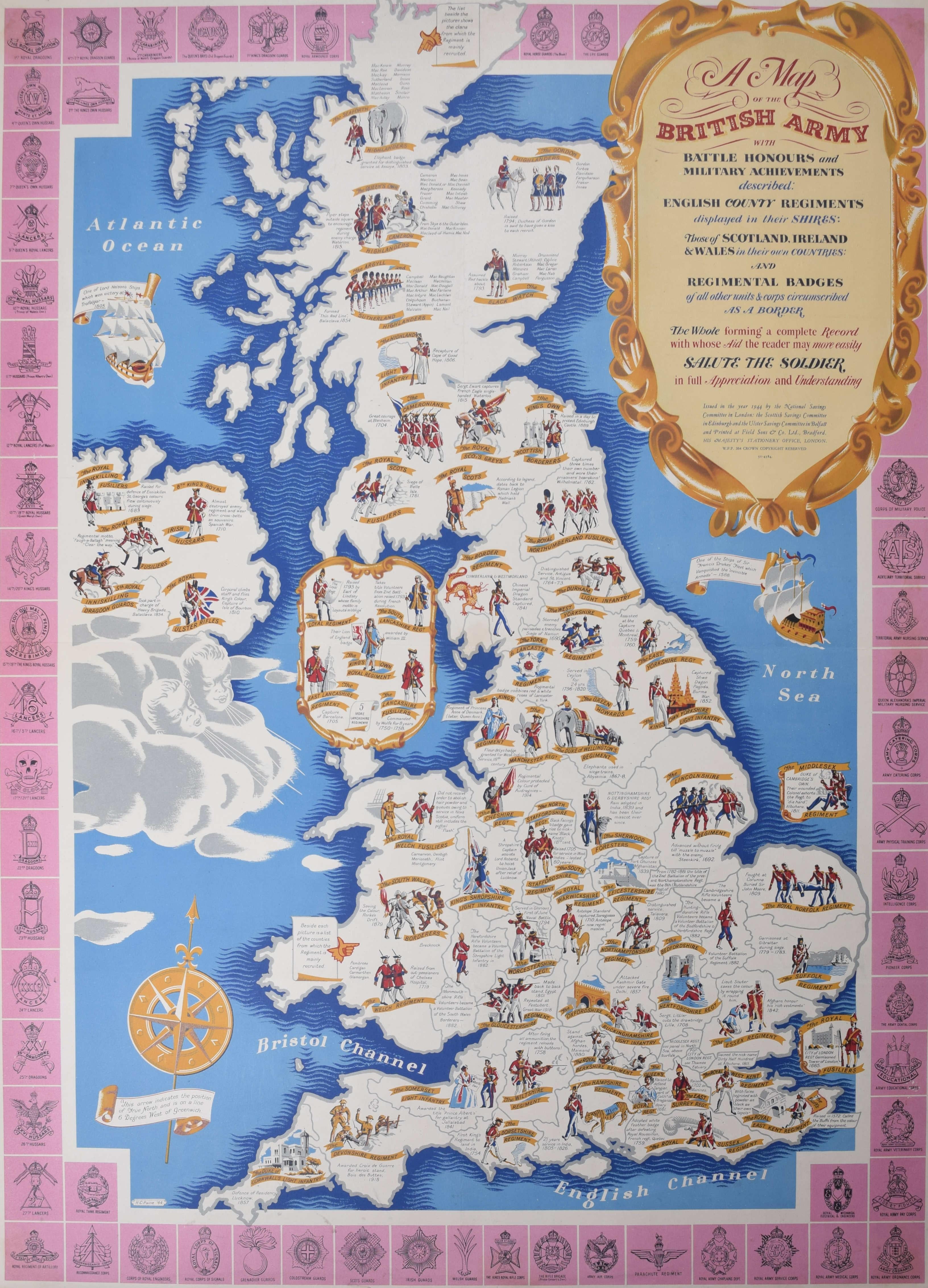 1944 WW2 British Army map poster by Charles Paine for National Savings