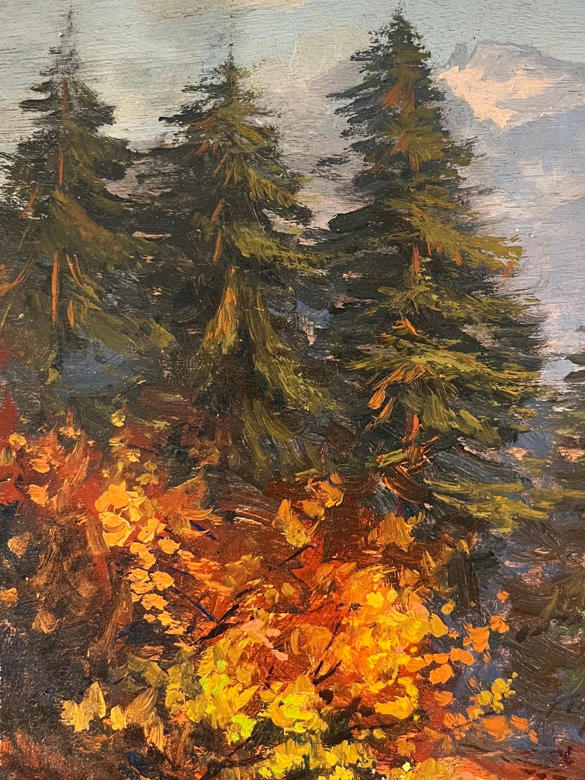 Lake and Mountains by Charles Parisod - Oil on Wood Panel - 28x45 cm im Angebot 2