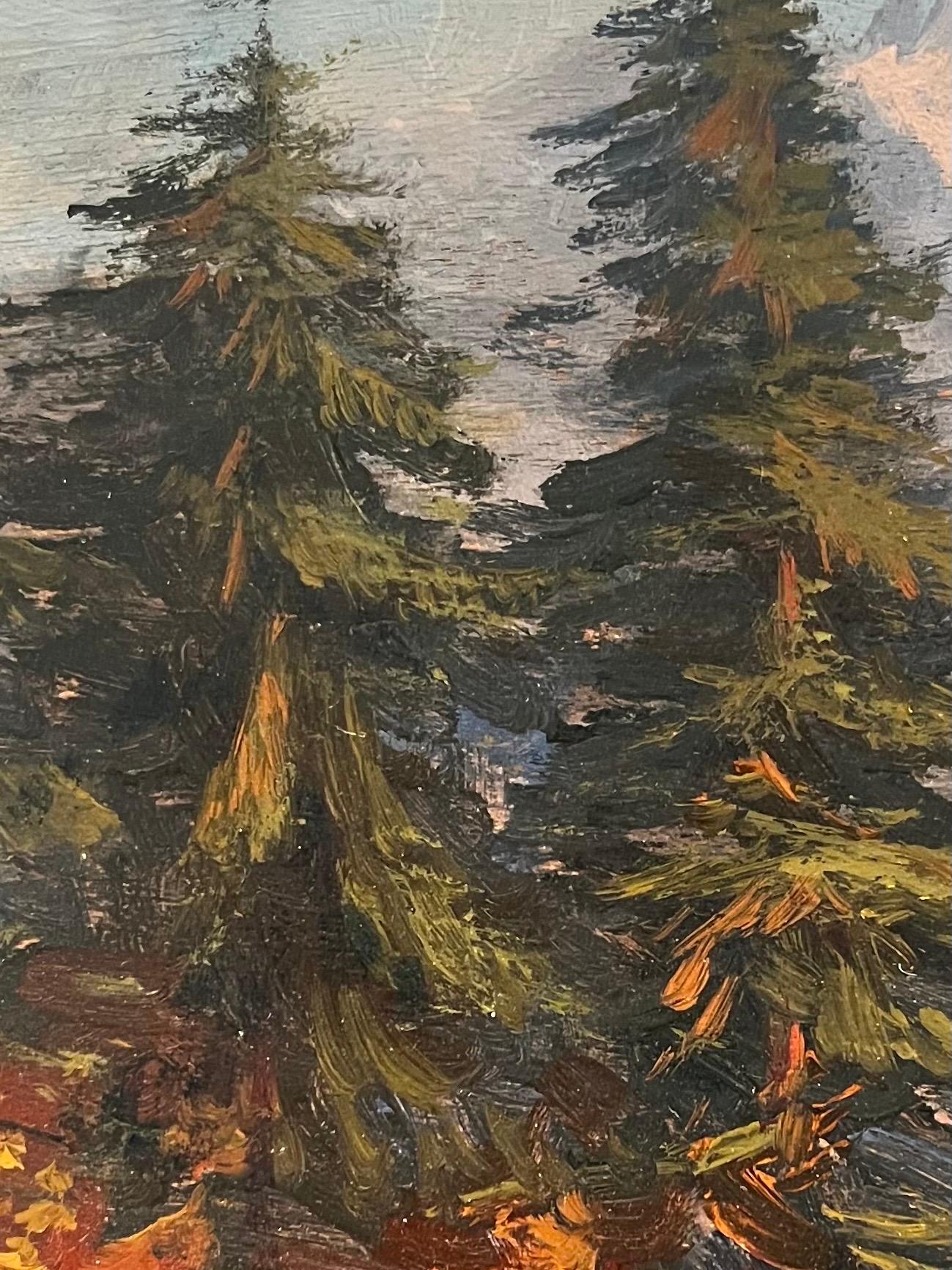 Lake and Mountains by Charles Parisod - Oil on Wood Panel - 28x45 cm im Angebot 4