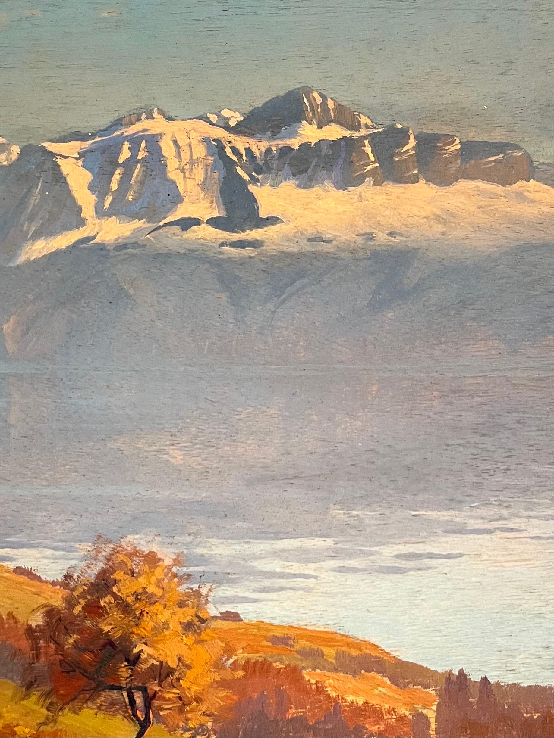 Lake and Mountains by Charles Parisod - Oil on Wood Panel - 28x45 cm im Angebot 5