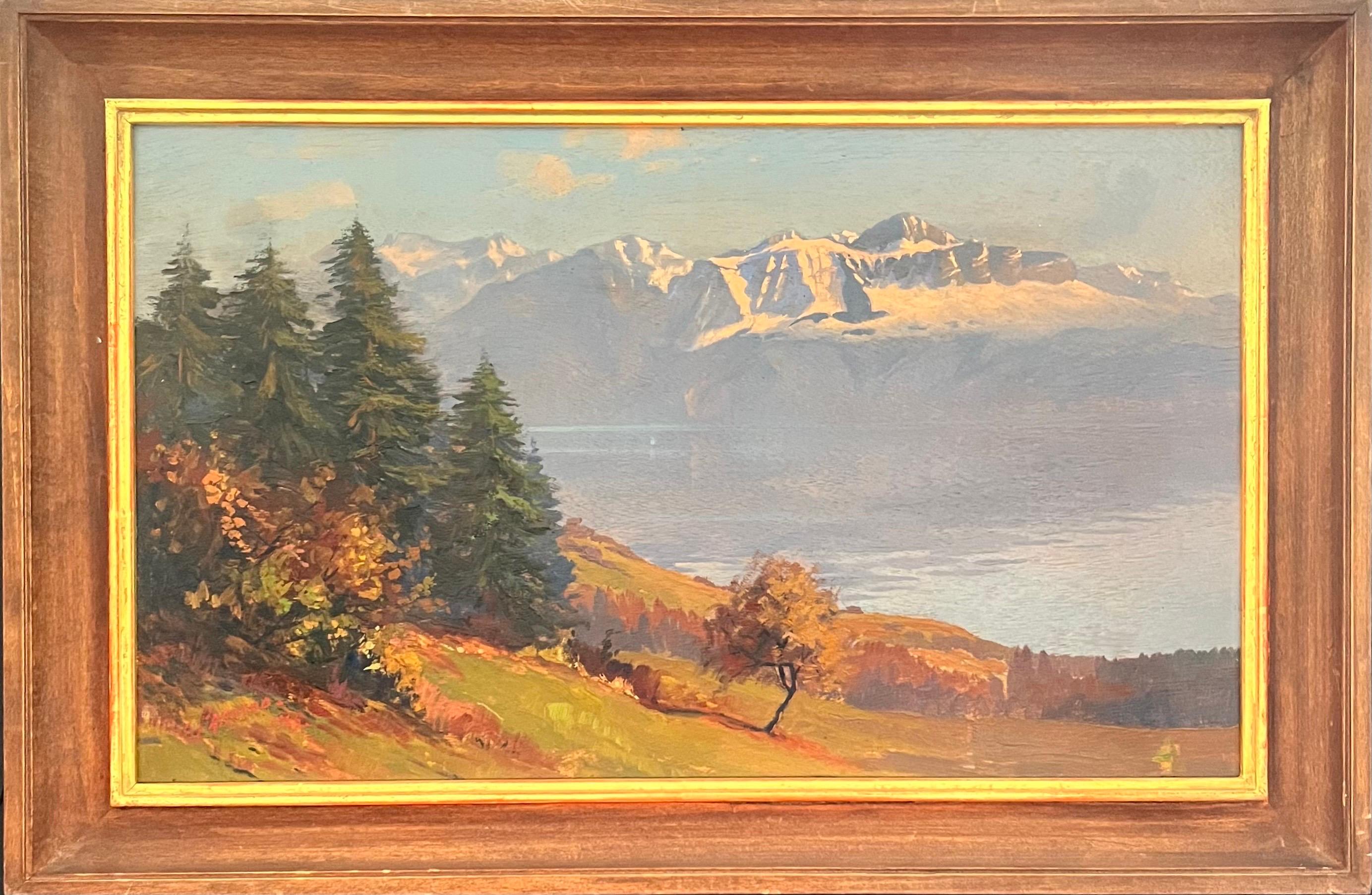 Lake and Mountains by Charles Parisod - Oil on Wood Panel - 28x45 cm im Angebot 6