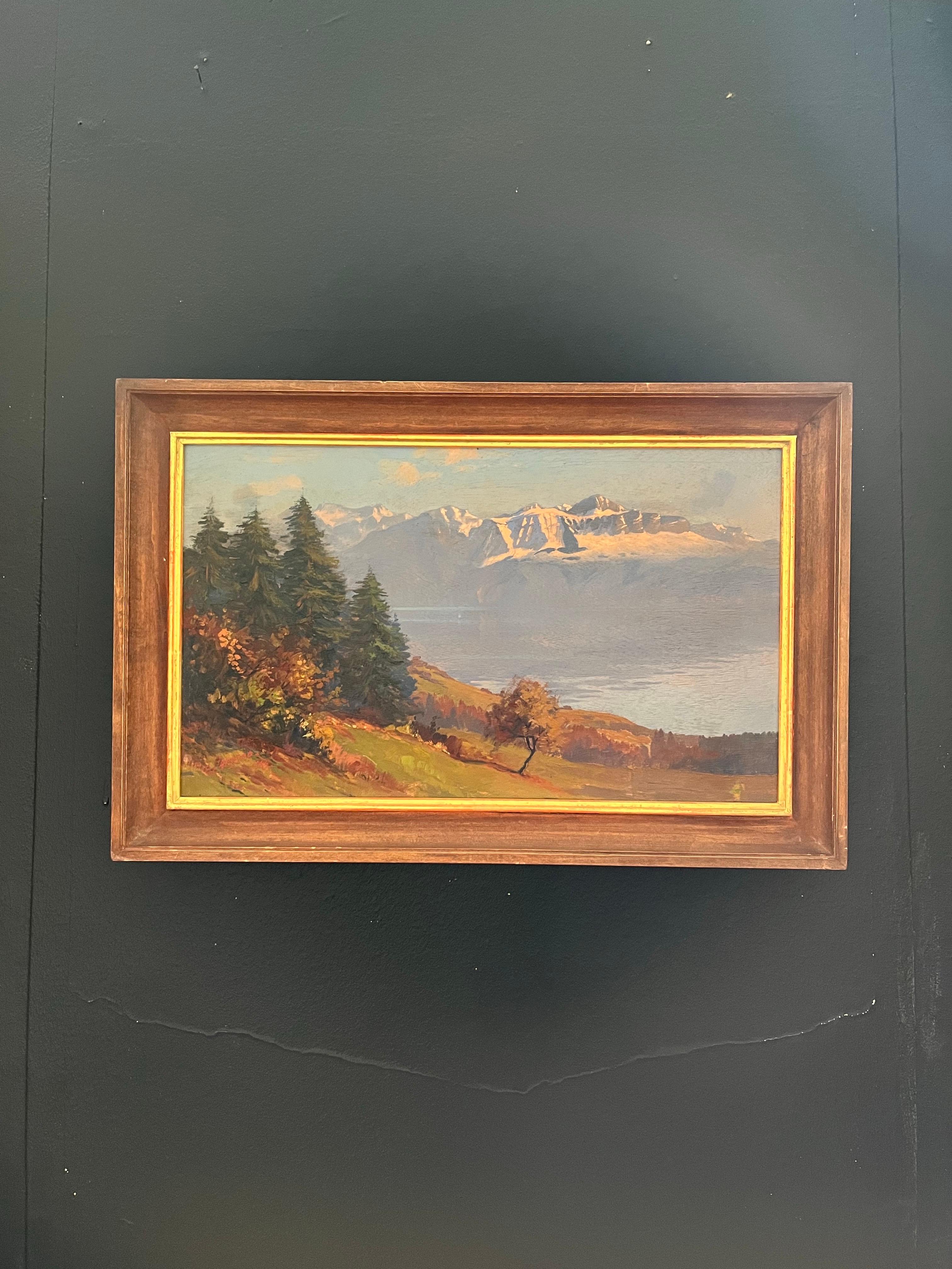 Lake and Mountains by Charles Parisod - Oil on Wood Panel - 28x45 cm im Angebot 7