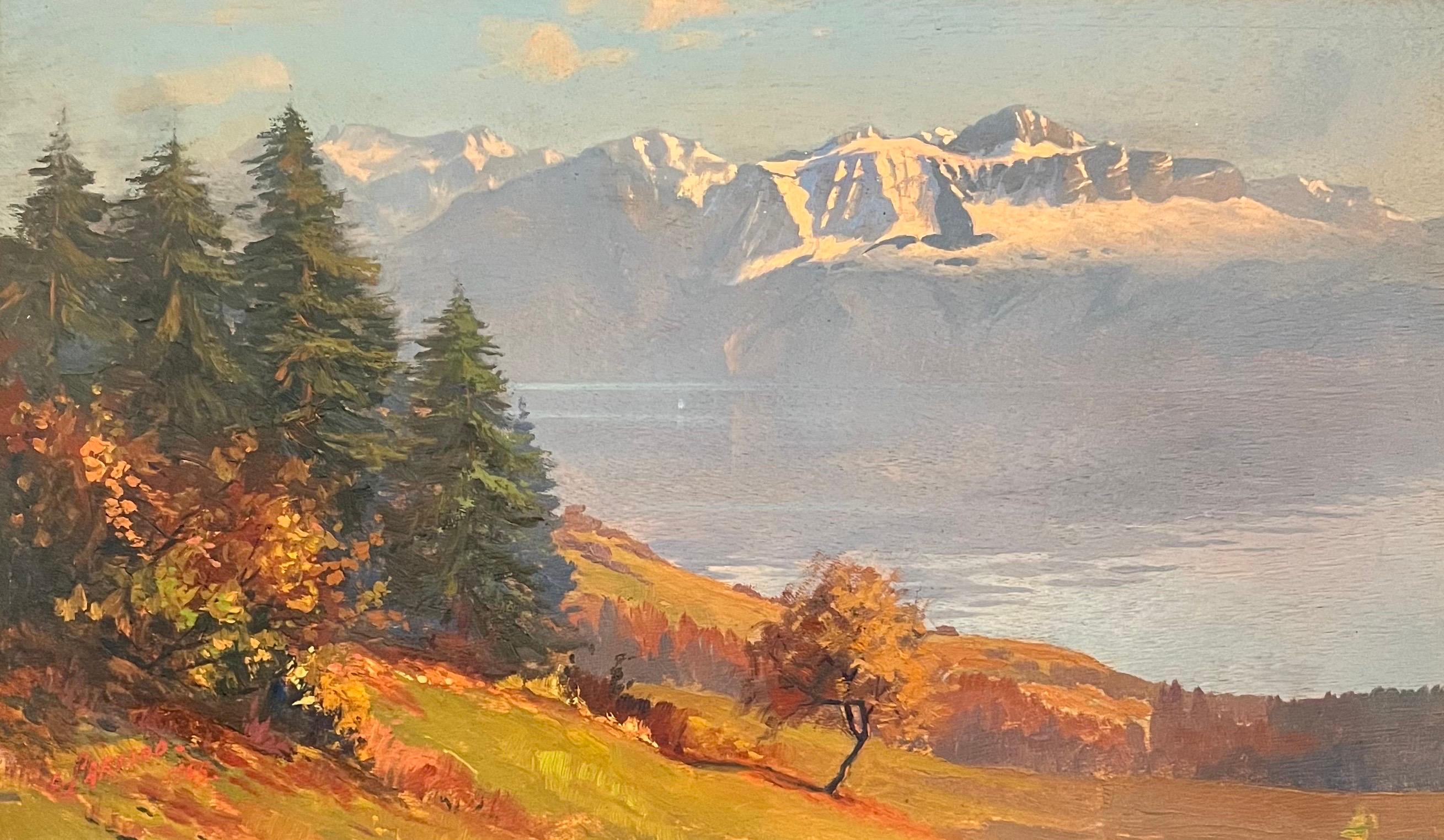 Lake and Mountains by Charles Parisod - Oil on Wood Panel - 28x45 cm