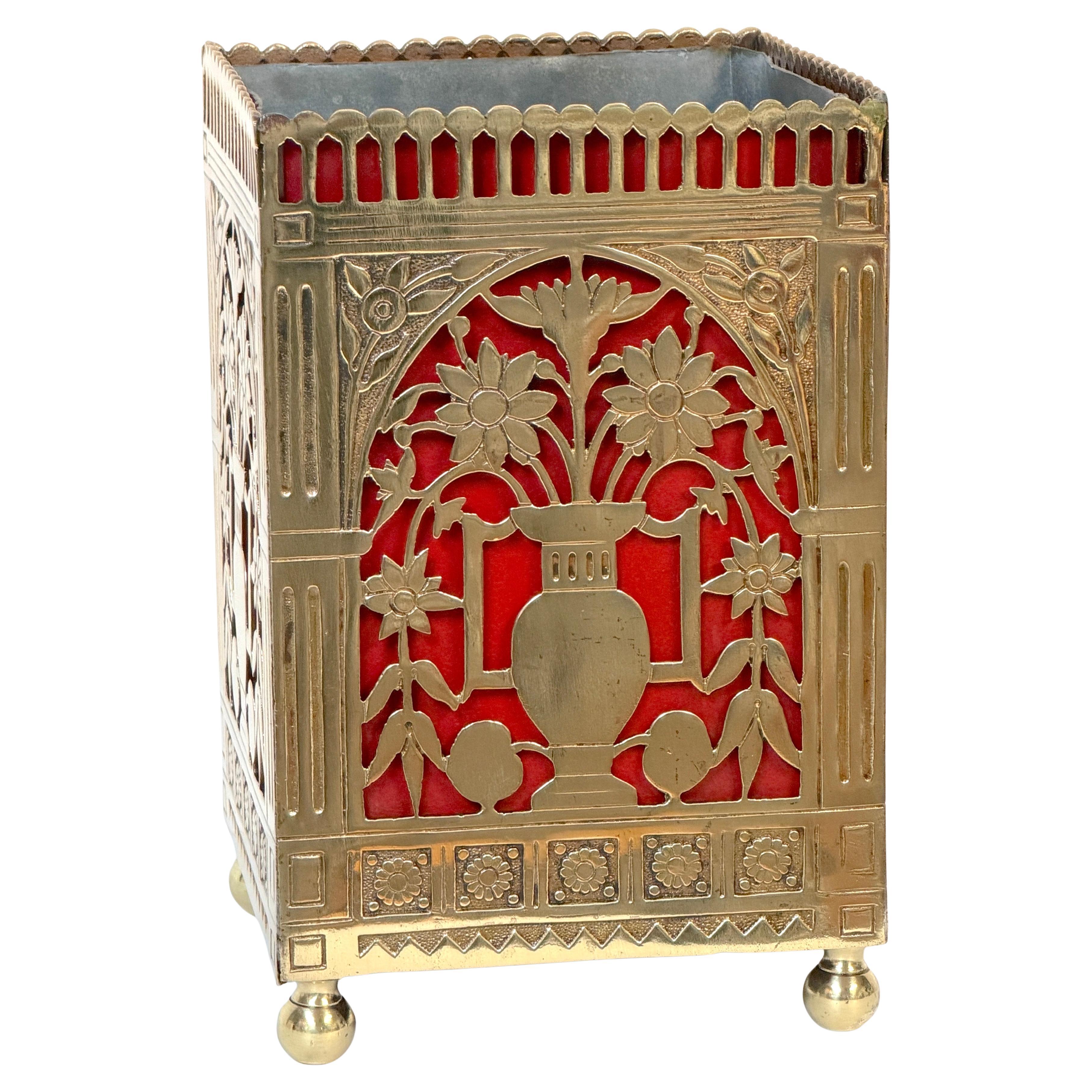 Charles Parker Aesthetic Movement Pierced Brass & Red Enamel Wastepaper Bin/ Can