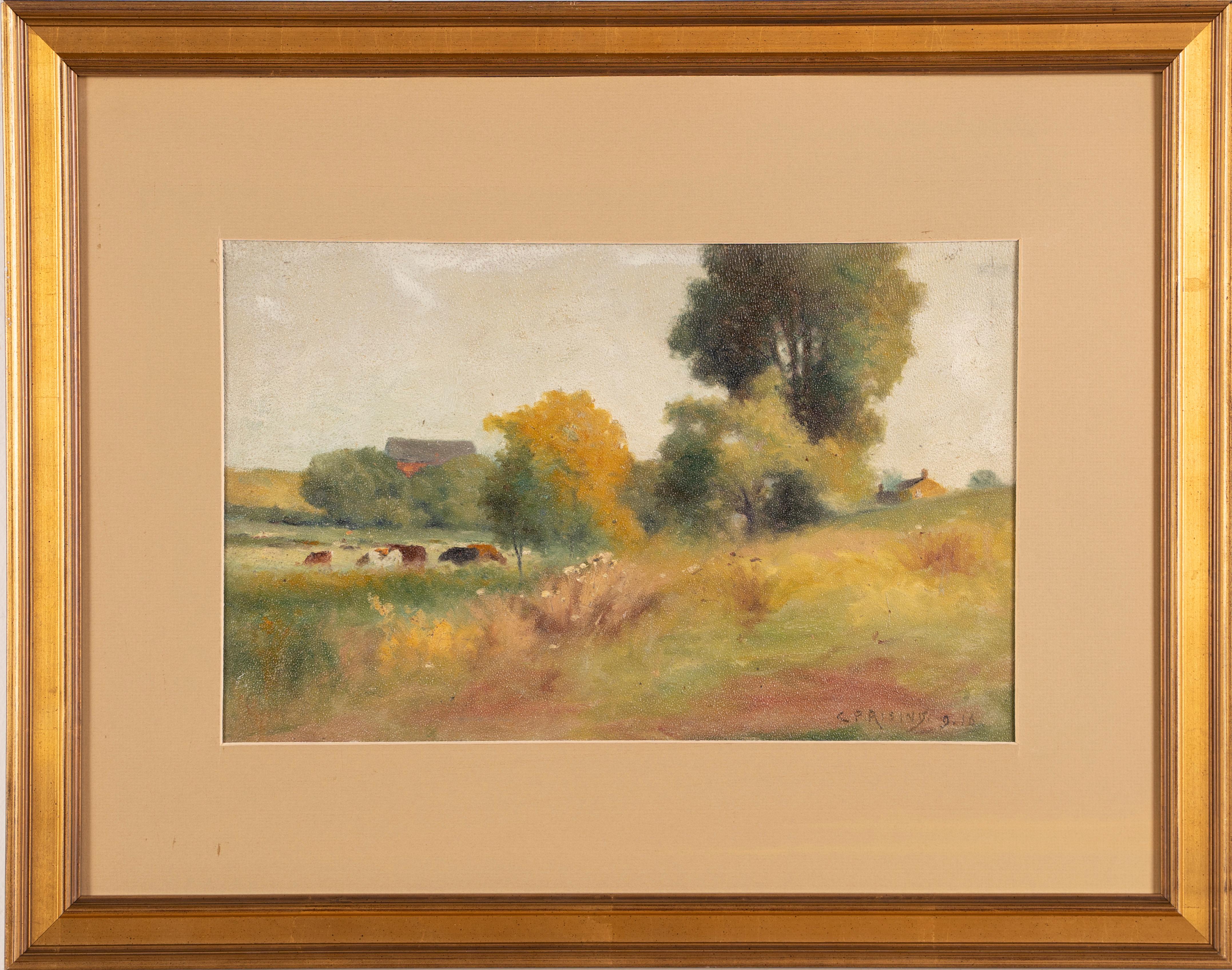 Charles Parmelee Rising  Landscape Painting - Hudson River School Cow Landscape Signed Fall Farm Field Oil Painting 