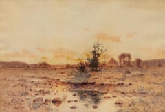 1890s Watercolor Landscape – Sunrise & Spring Blossoms Over Platte River