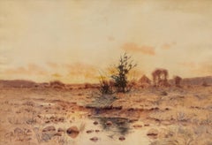 Paysage en aquarelle des années 1890 - Lever de soleil et fleurs de printemps sur la rivière Platte