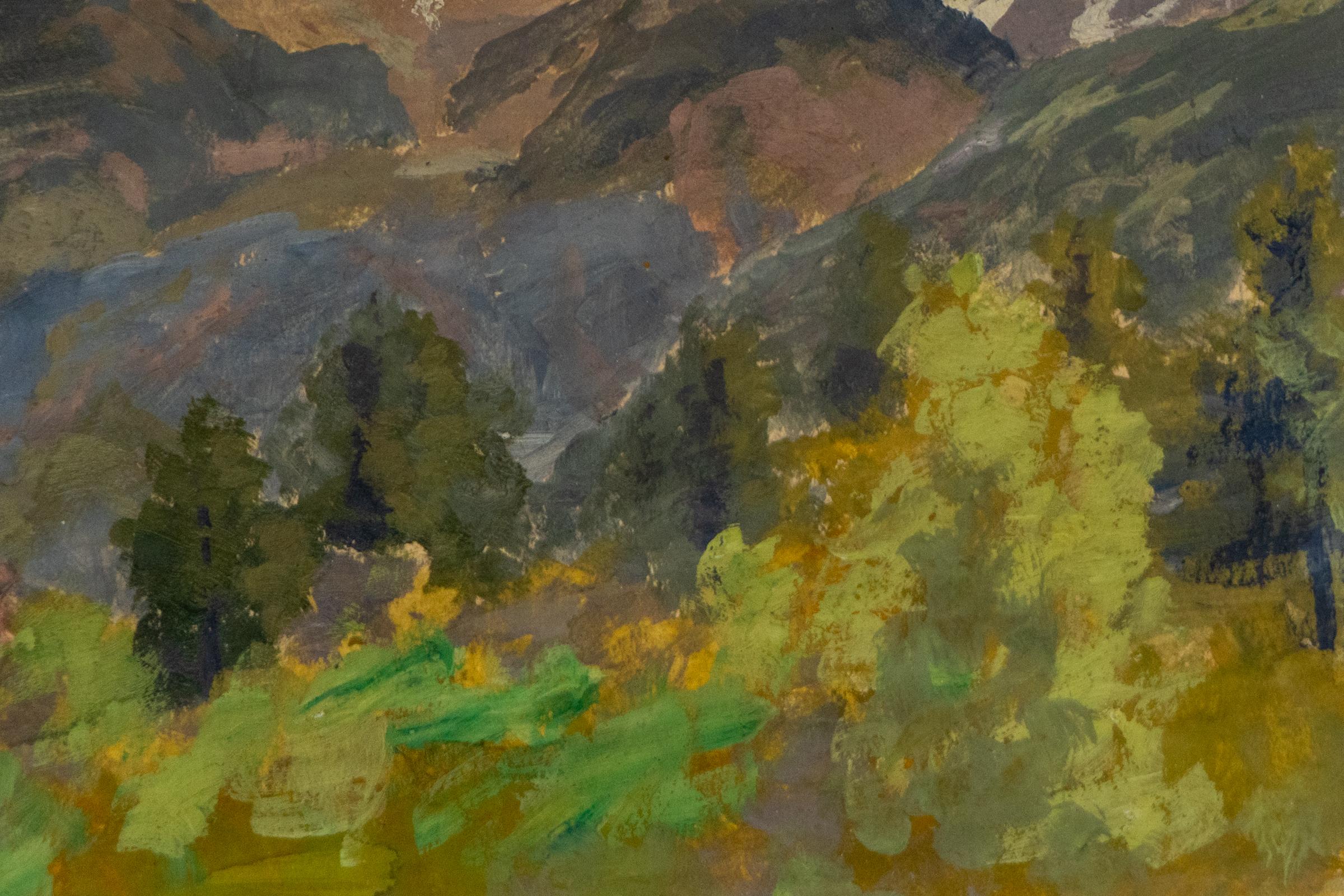 This original circa 1910s plein air field study by renowned Colorado landscape artist Charles Partridge Adams captures the serene beauty of the Rocky Mountains in a masterful display of American Impressionism. Rendered in gouache on paper, the