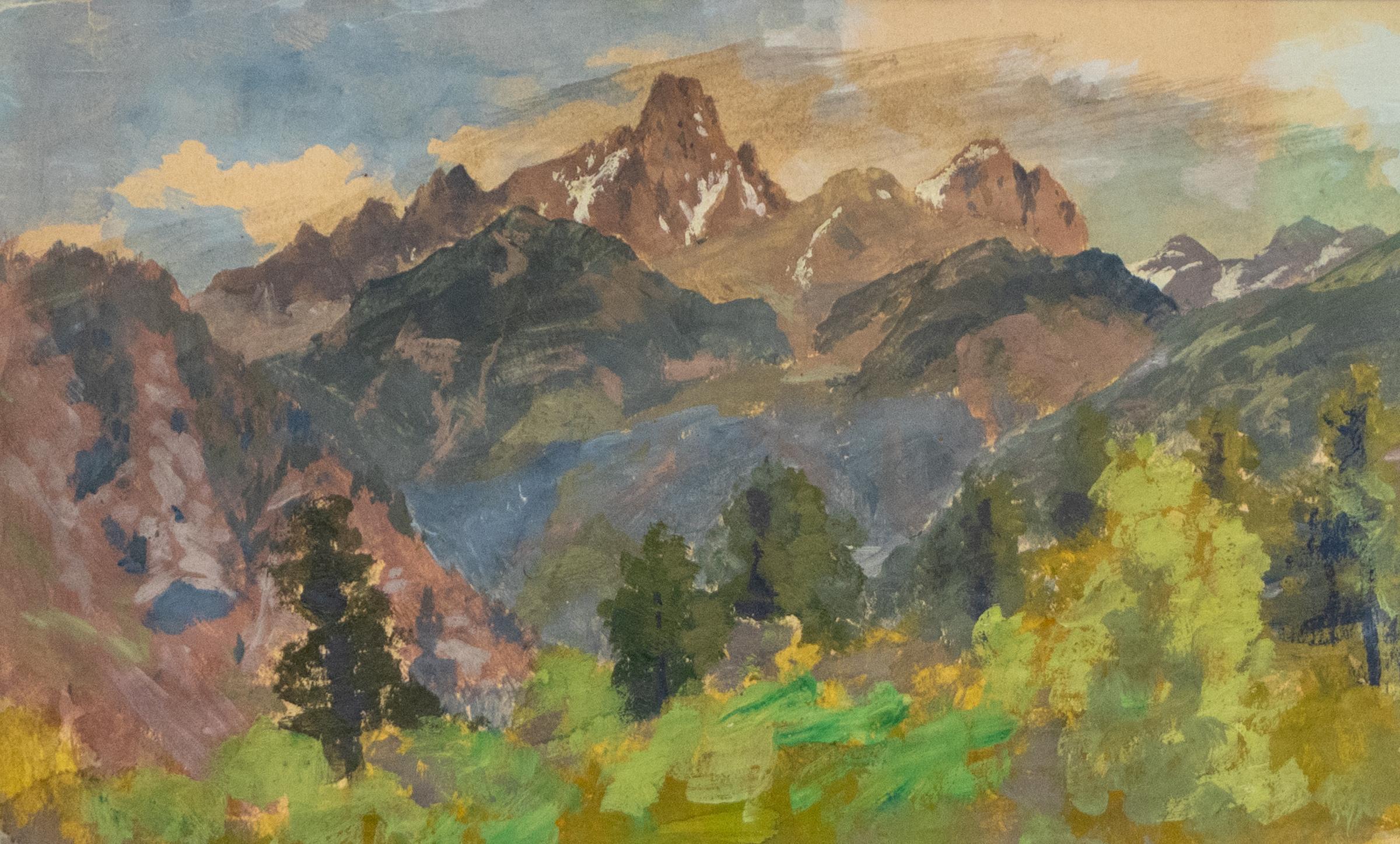 Guazzo impressionista americano del XIX secolo raffigurante le montagne del Colorado in primavera