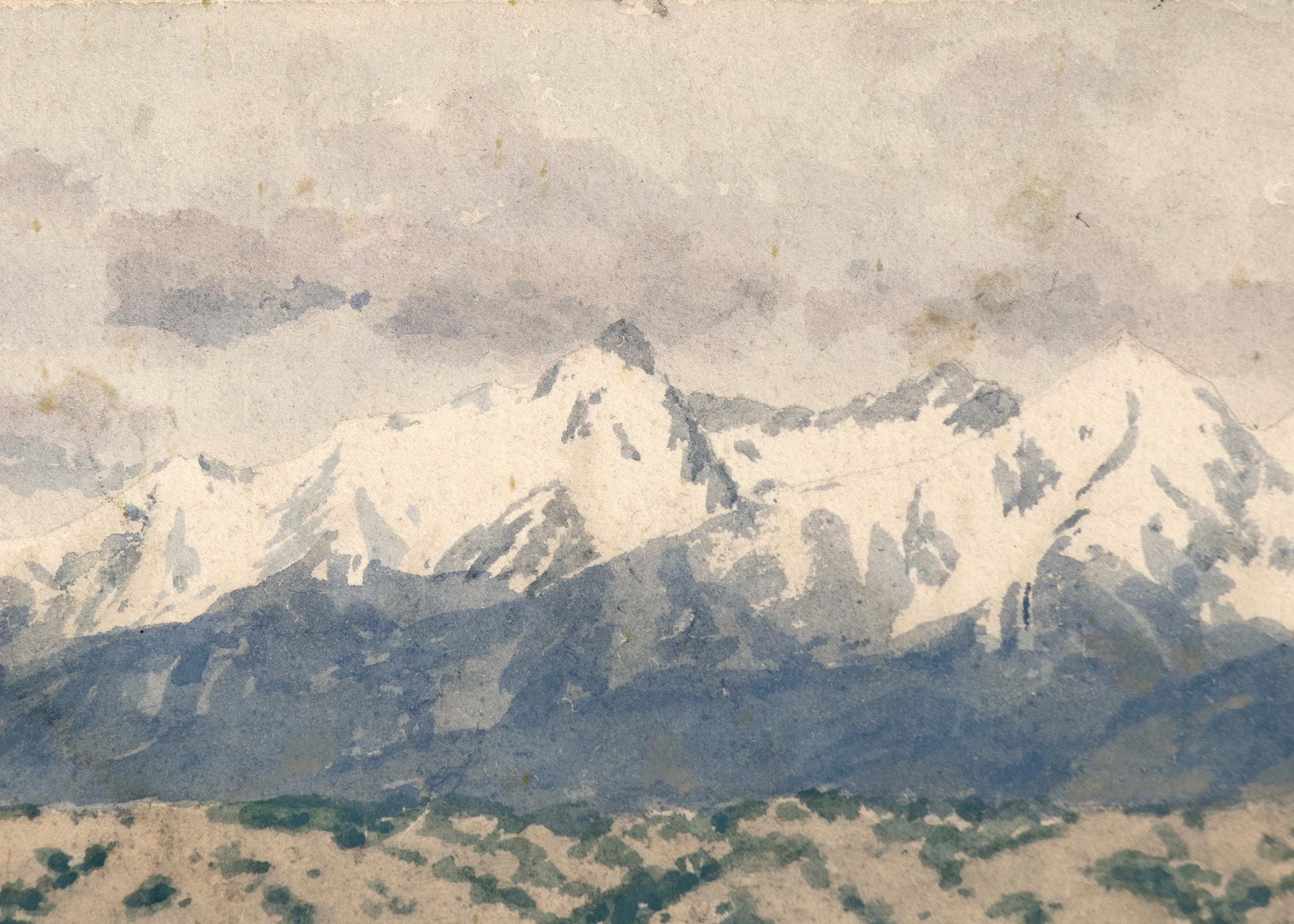 Blanca Peak, Sangre de Cristo Range, from the San Luis Valley, Colorado mountain landscape painting, vintage circa 1915 by Charles Partridge Adams (1858-1942).  Painted with watercolor on paper in colors of green, blue, beige, tan, brown, white and