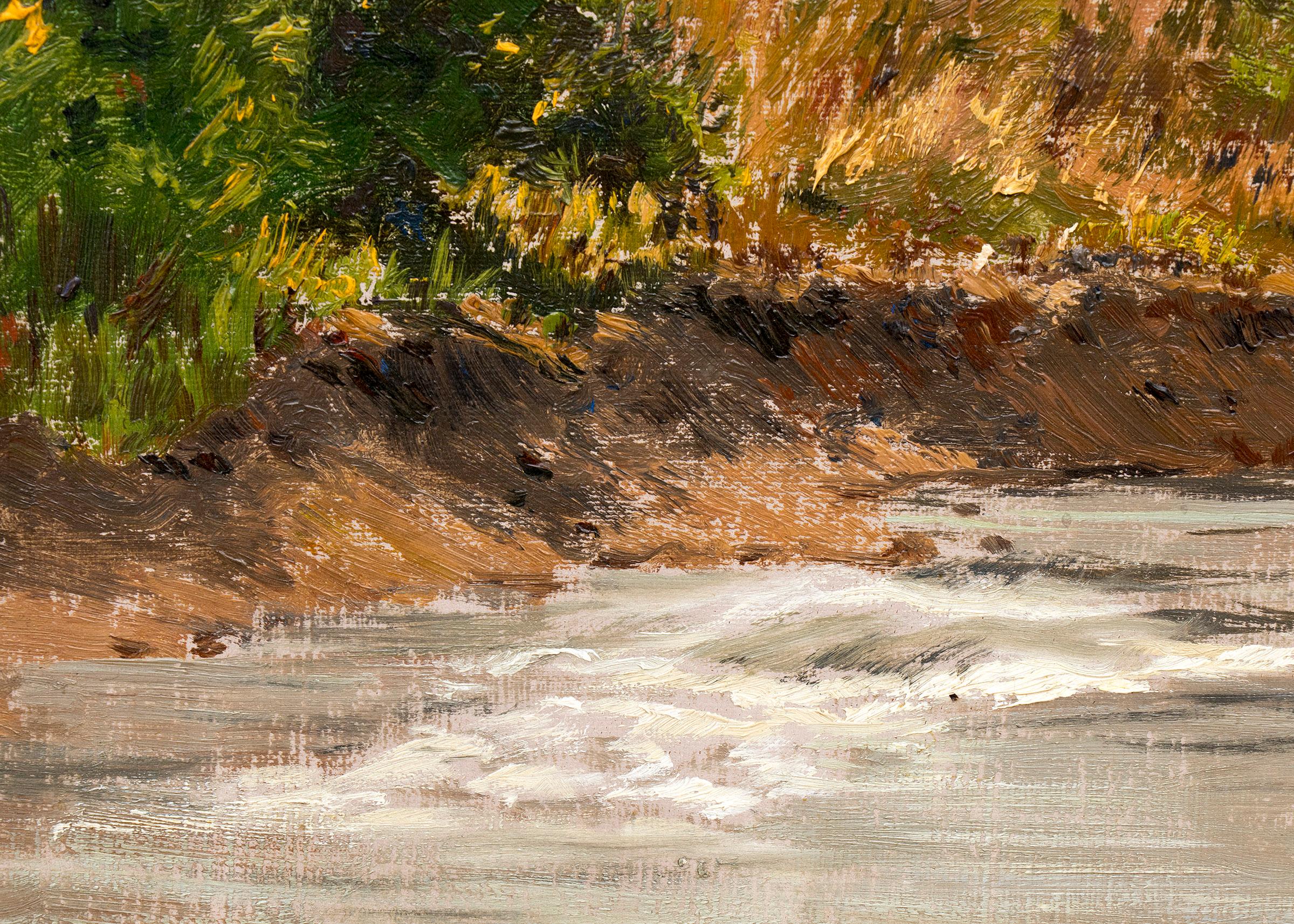 This stunning 1890 oil painting captures the breathtaking beauty of Clear Creek, Colorado, with its serene river, majestic mountains, and vibrant autumn foliage. Created by Charles Partridge Adams (1858-1942), the piece features a harmonious blend