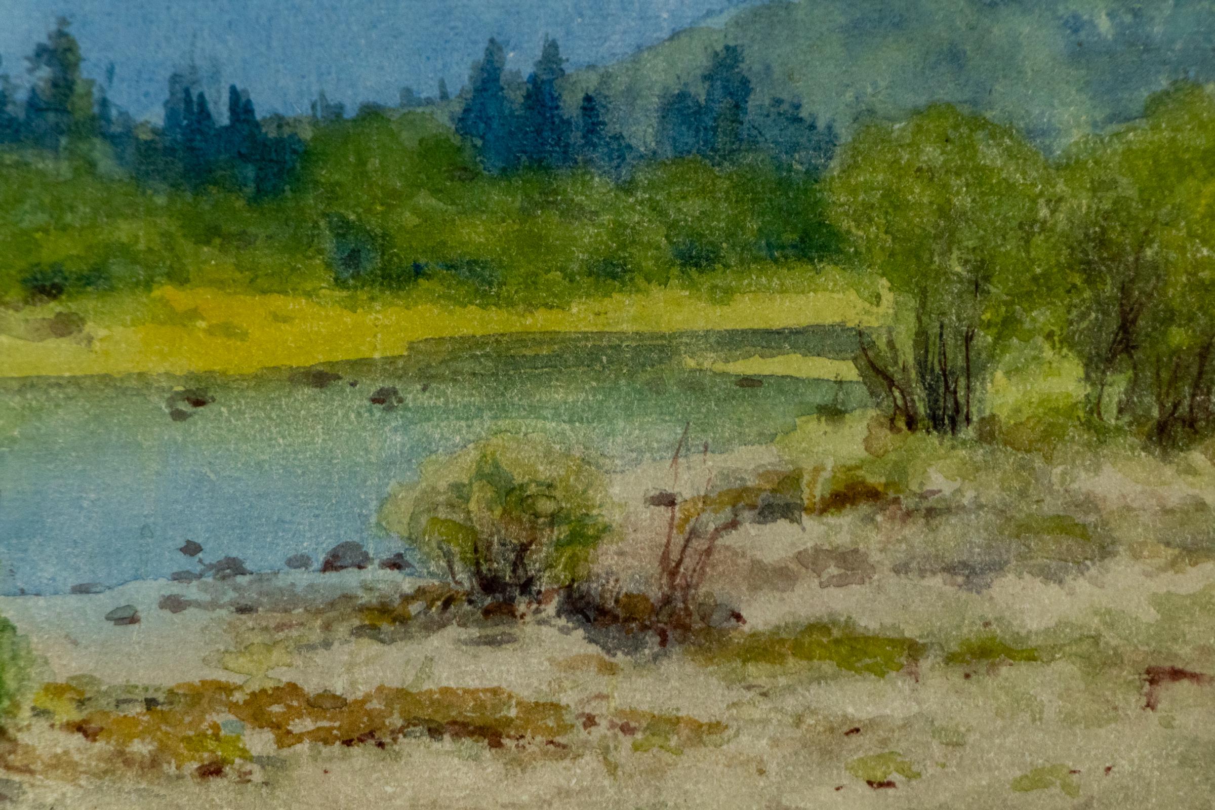 Colorado Mountain Landscape with River, 1890s Watercolor Painting For Sale 1