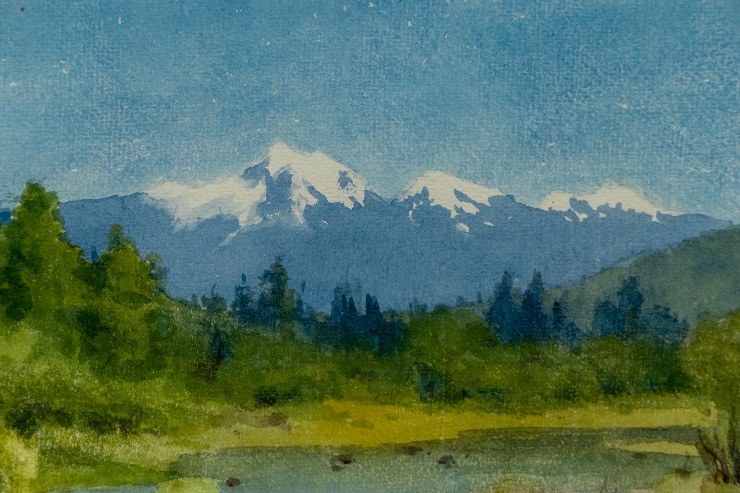 Colorado Mountain Landscape with River, 1890s Watercolor Painting For Sale 2