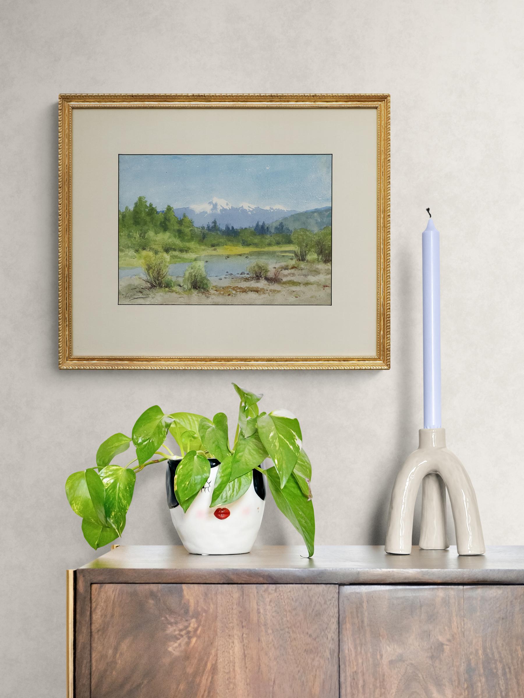 Colorado Mountain Landscape with River, 1890s Watercolor Painting For Sale 5