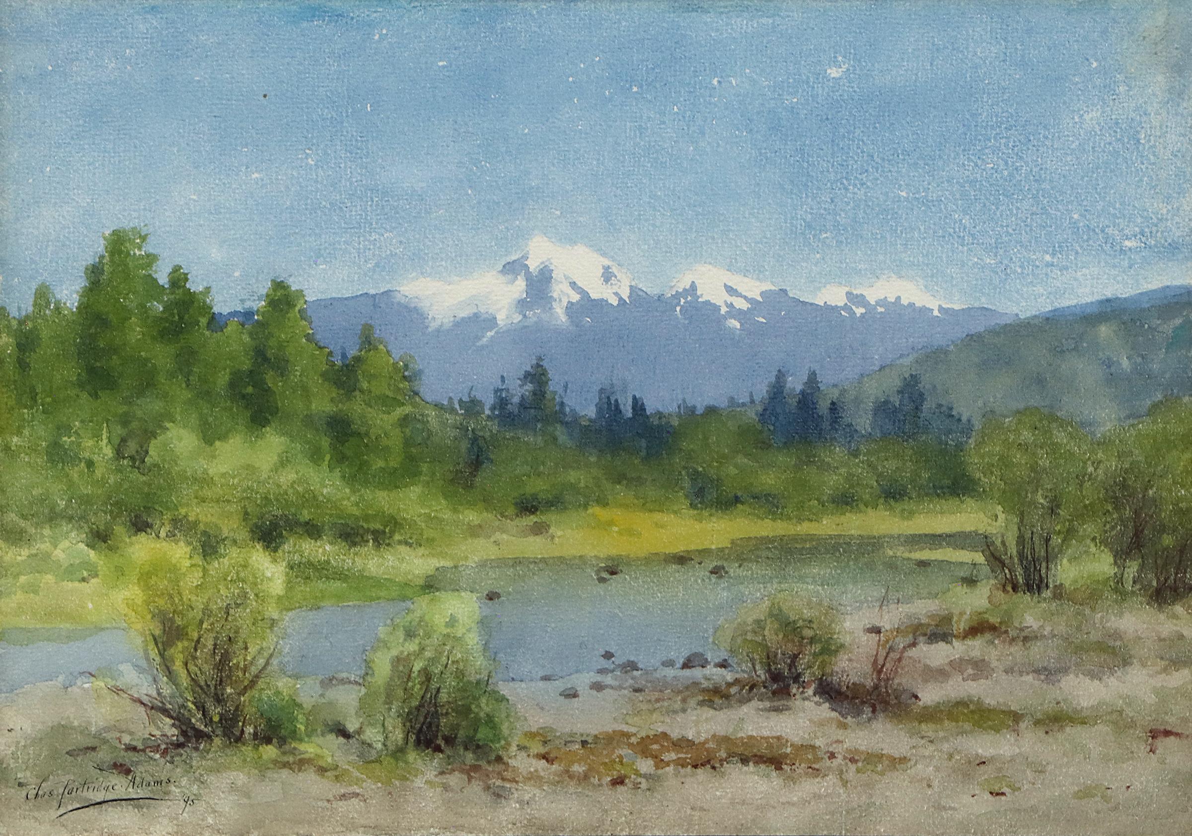 This original late 19th-century watercolor painting beautifully captures a classic Colorado mountain landscape by iconic early 20th century artist, Charles Partridge Adams. The composition features a serene river winding through a forested valley,