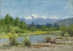 Colorado Mountain Landscape with River, 1890s Watercolor Painting