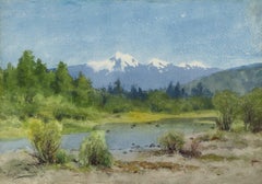 Colorado Mountain Landscape with River, 1890s Watercolor Painting