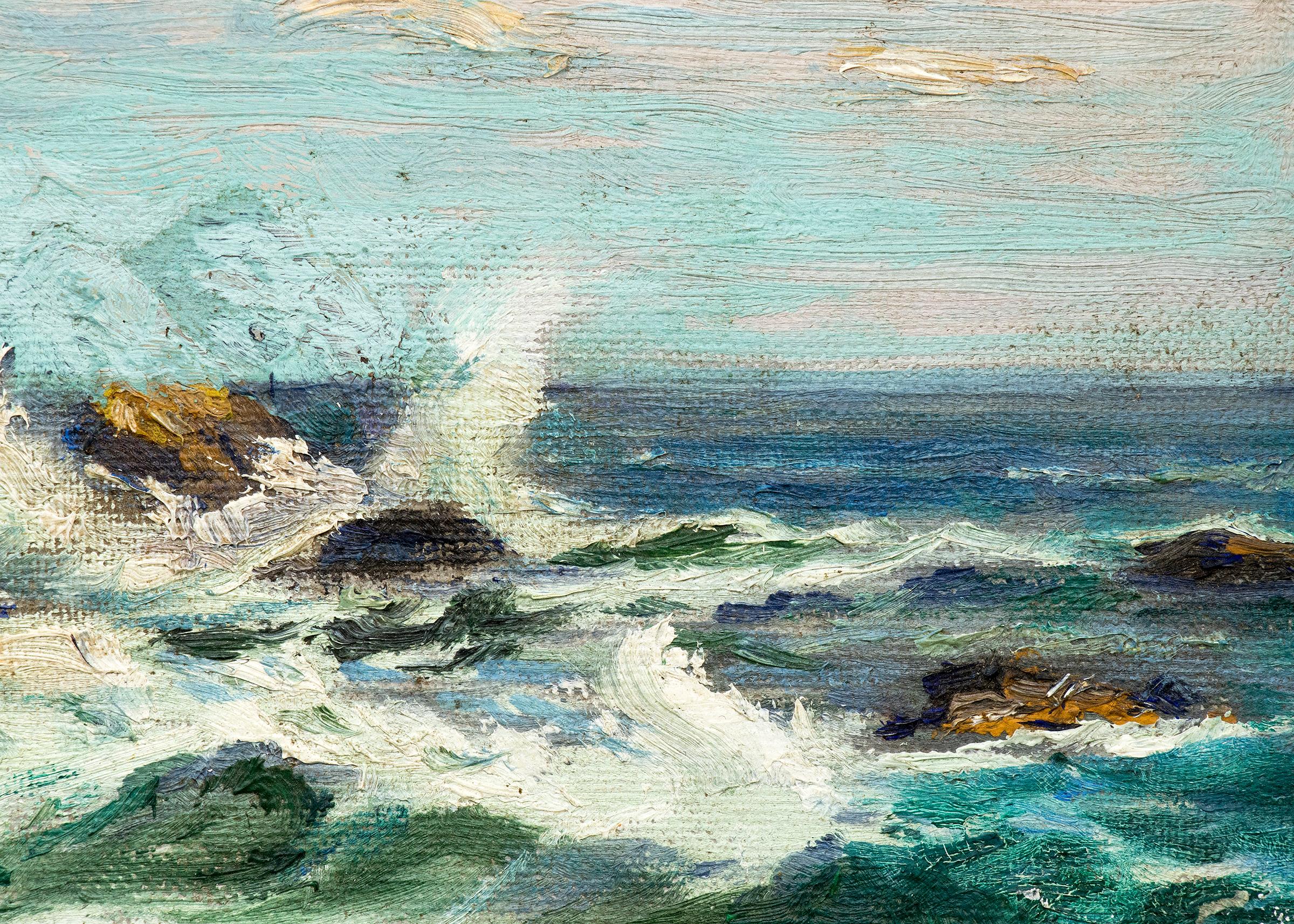 waves crashing on rocks painting