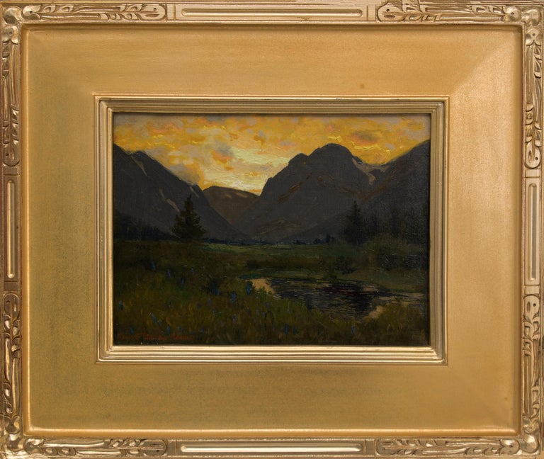 Impressionist mountain landscape oil painting by artist Charles Partridge Adams (1858-1942) painted in the early 20th century. Titled, Moraine Park at Sunset - Estes Park, Colorado (Rocky Mountain National Park) portraying a bright orange sky, and