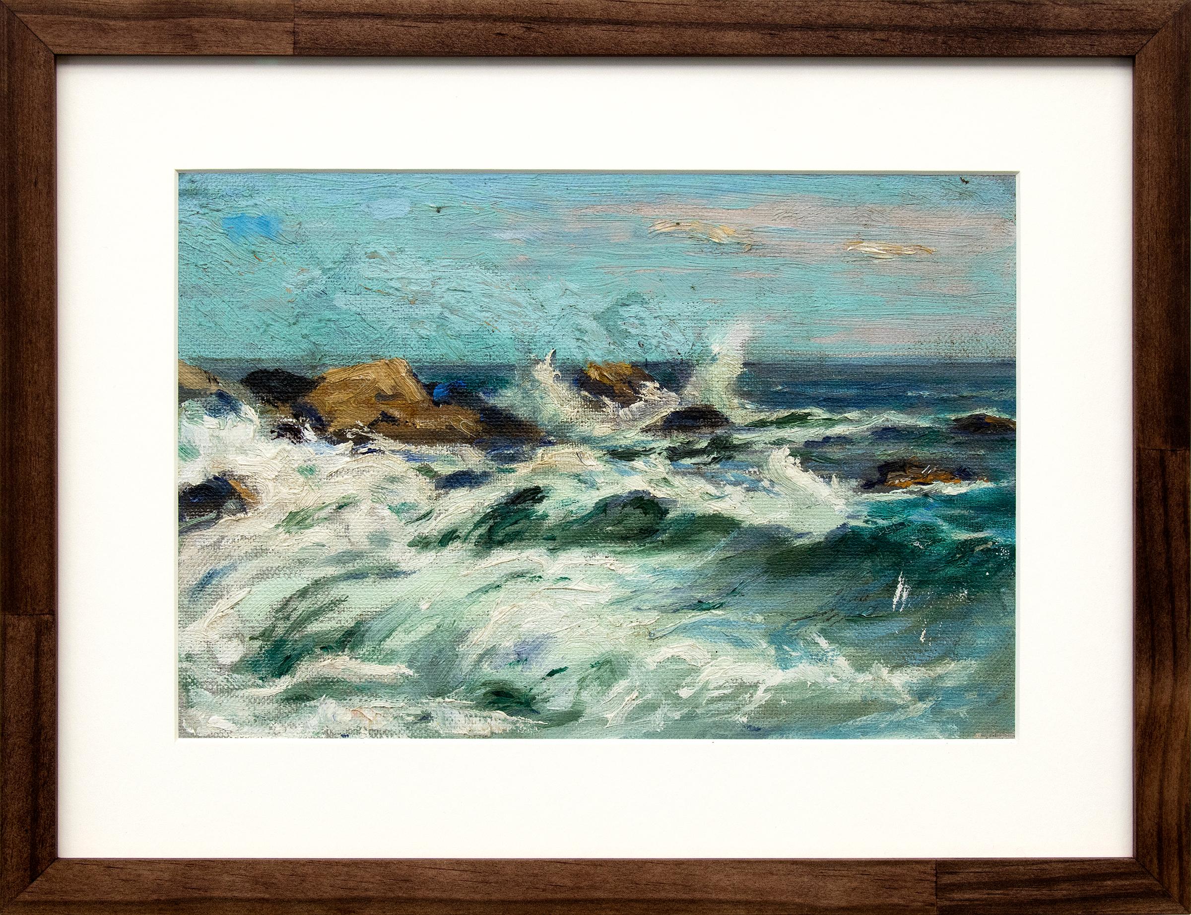 Crashing Waves and Rocks, California Coast, 1920s Seascape Marine Oil Painting