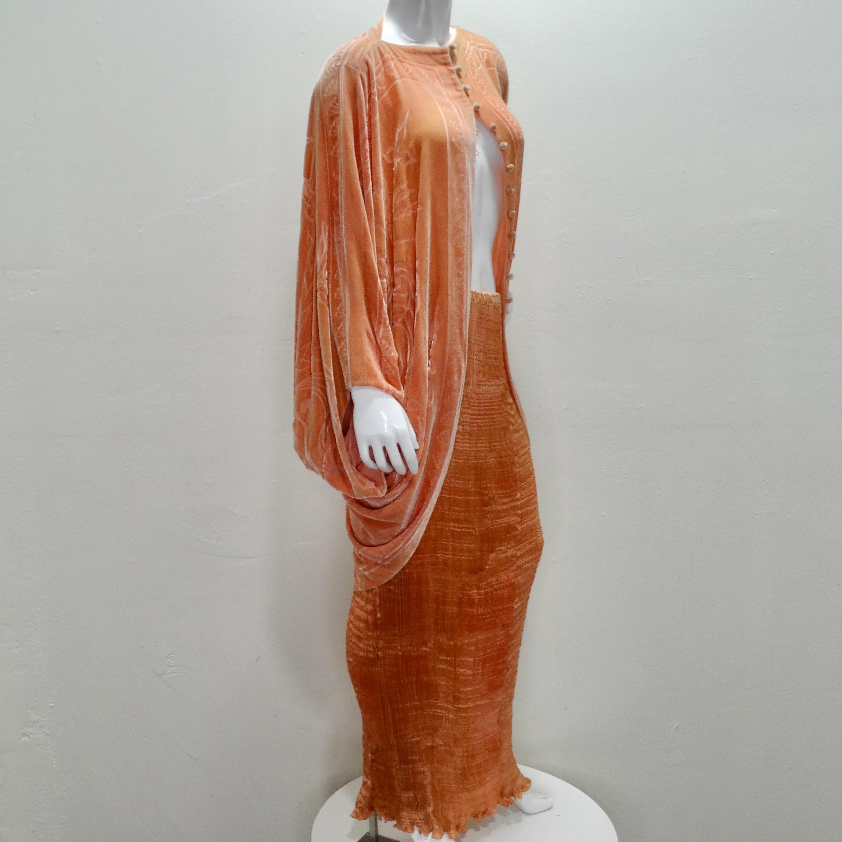 Charles Patricia Lester 1970s Fortuny Style Burnt Velvet Pleated Top & Skirt Set 1