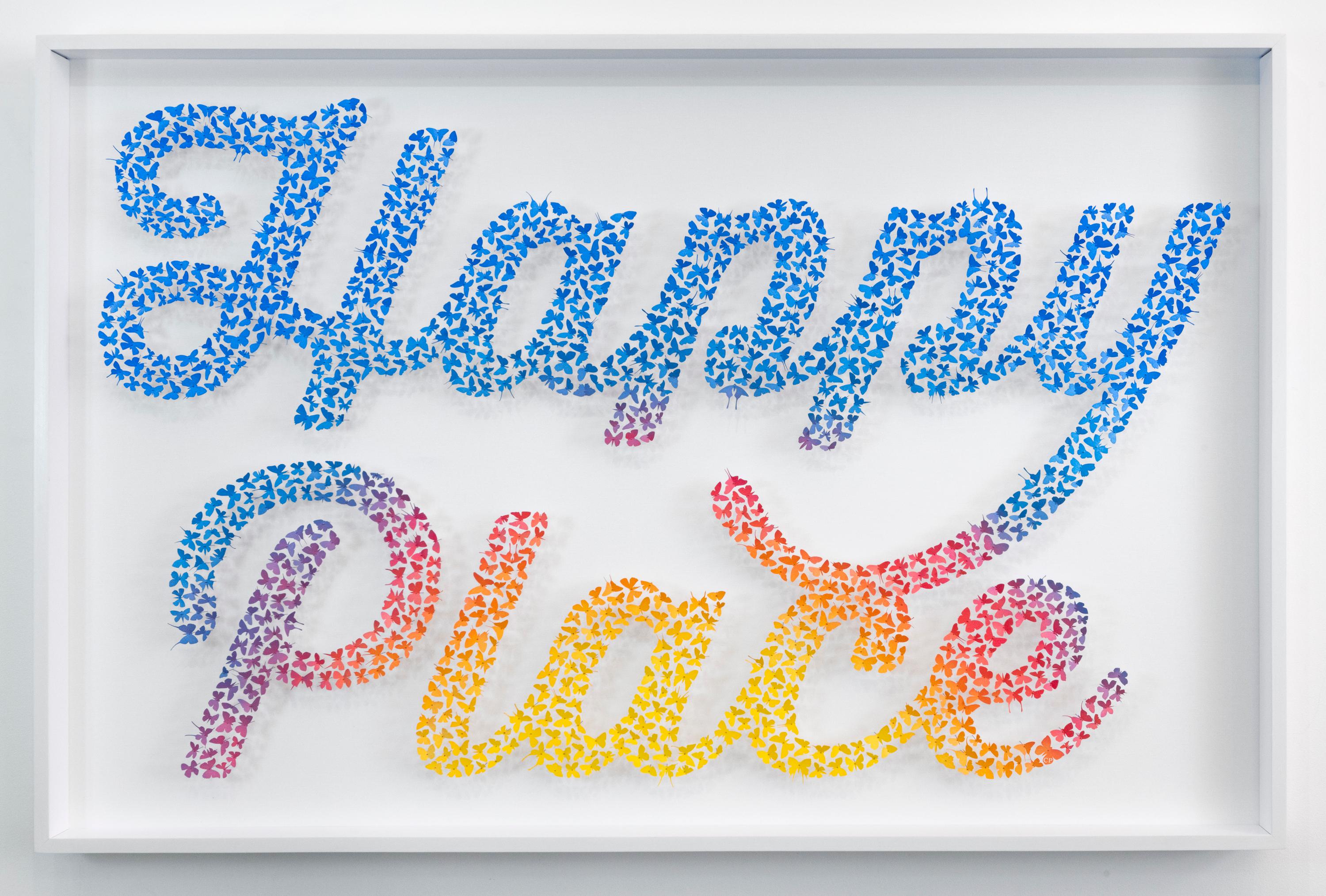 This work is sourced directly from the artist.
Butterflies cut from paper, arranged in the shape of the word HAPPY PLACE, and pinned with stainless steel entomology pins to white canvas. Framed in a clear, plexiglass box.

Available Sizes (Framed