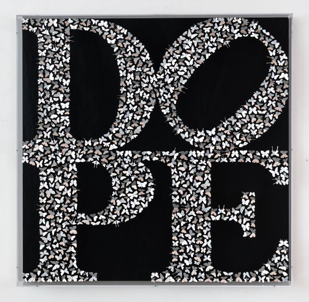 This work is sourced directly from the artist.
Butterflies cut from silver foil, arranged in the shape of the word DOPE, and pinned with stainless steel entomology pins to canvas. Framed in a clear, plexiglass box.

Available Sizes (Framed
