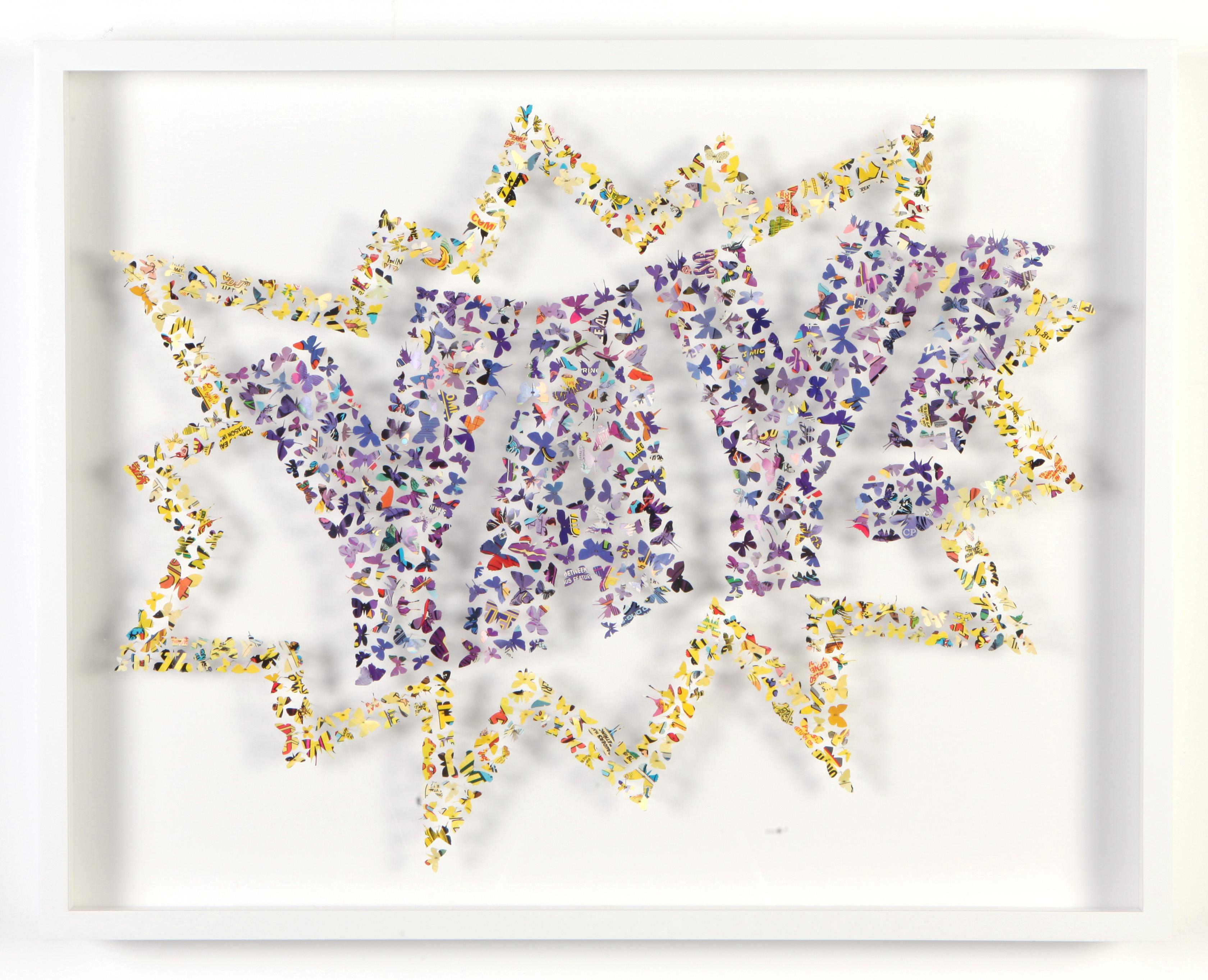 This work is sourced directly from the artist.
Butterflies cut from Vintage Comic Book Pages, arranged in the shape of the word YAY, and pinned with stainless steel entomology pins to canvas. Framed in a white powder-coated frame.

Available Sizes