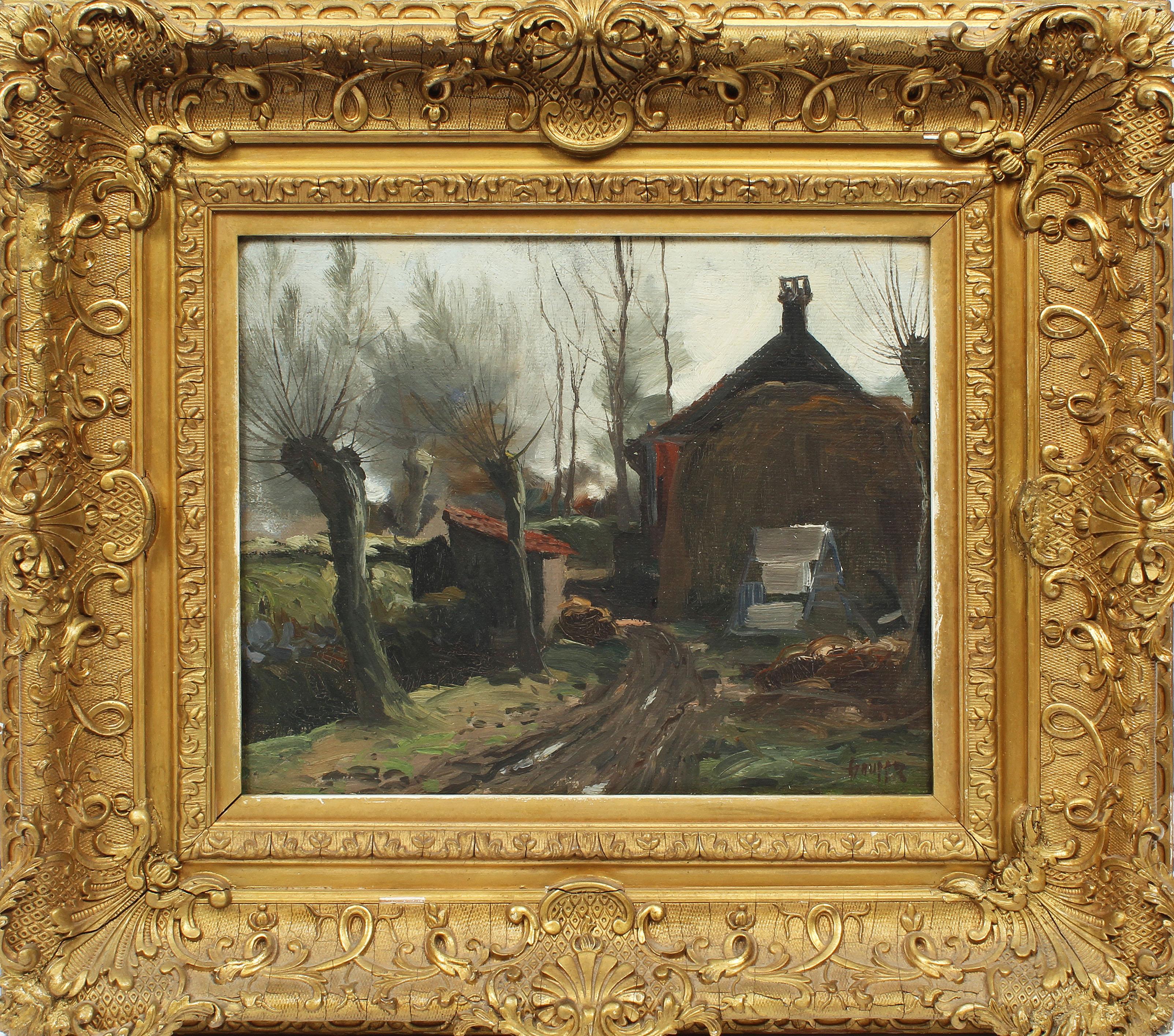 Impressionist landscape oil painting by Charles Paul Gruppe (1860-1940).  Oil on board, circa 1900.  Signed lower left.  Displayed in a period giltwood frame.  Image size, 11"L x 9"H.