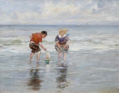 Charles Paul Gruppe, Children Playing With Sailboat In Waves