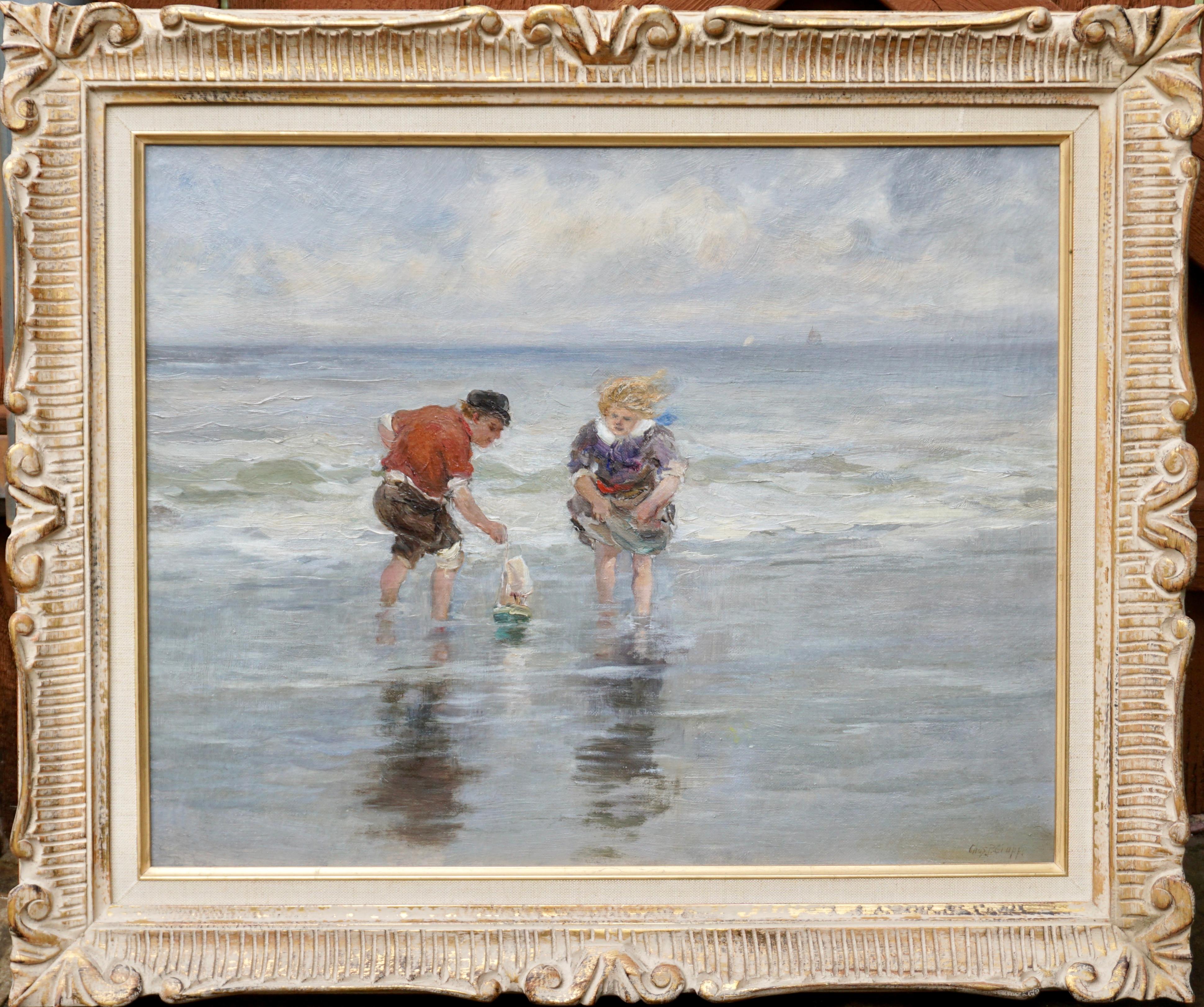 Hand-Painted Charles Paul Gruppe, Children Playing With Sailboat In Waves