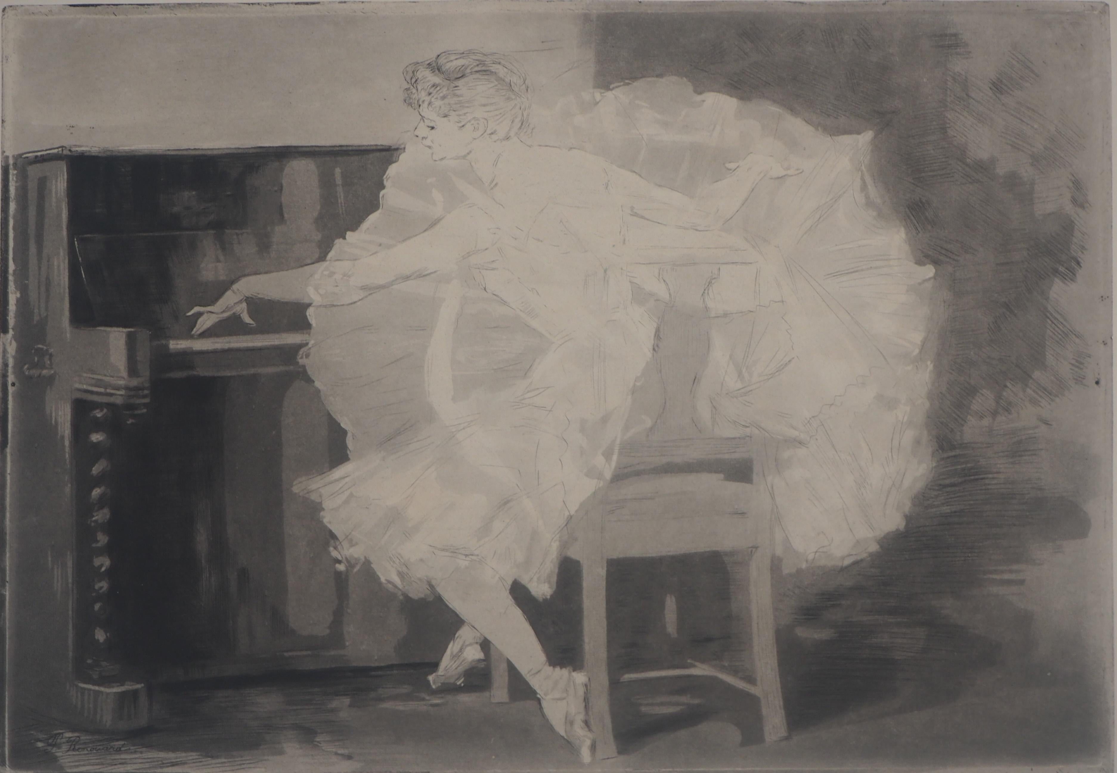 Ballerina che suona il pianoforte - Acquaforte originale, firmata - Print Art Nouveau di Charles Paul Renouard