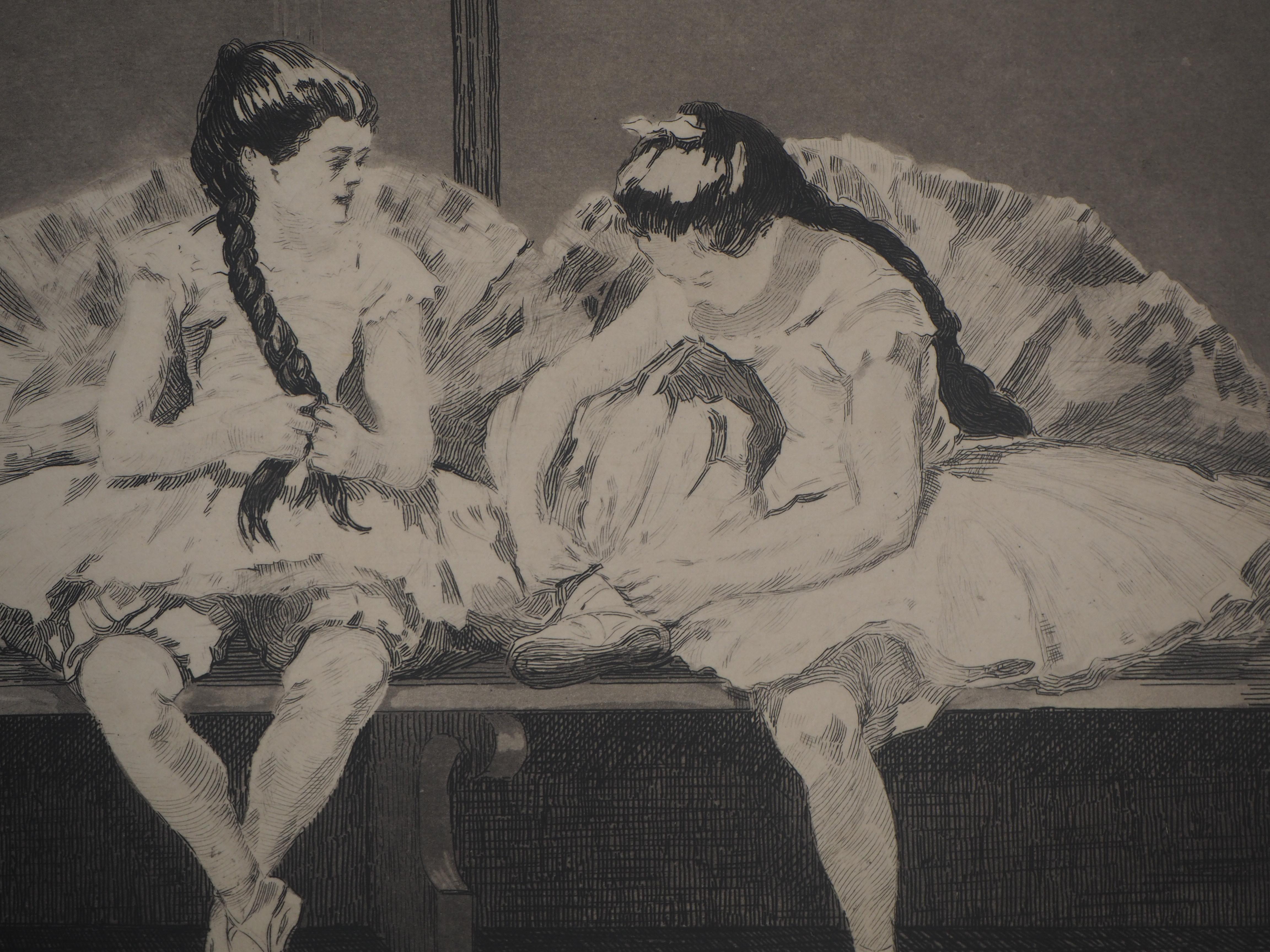Ballerinas Having a Rest - Original etching, Signed - Art Nouveau Print by Charles Paul Renouard