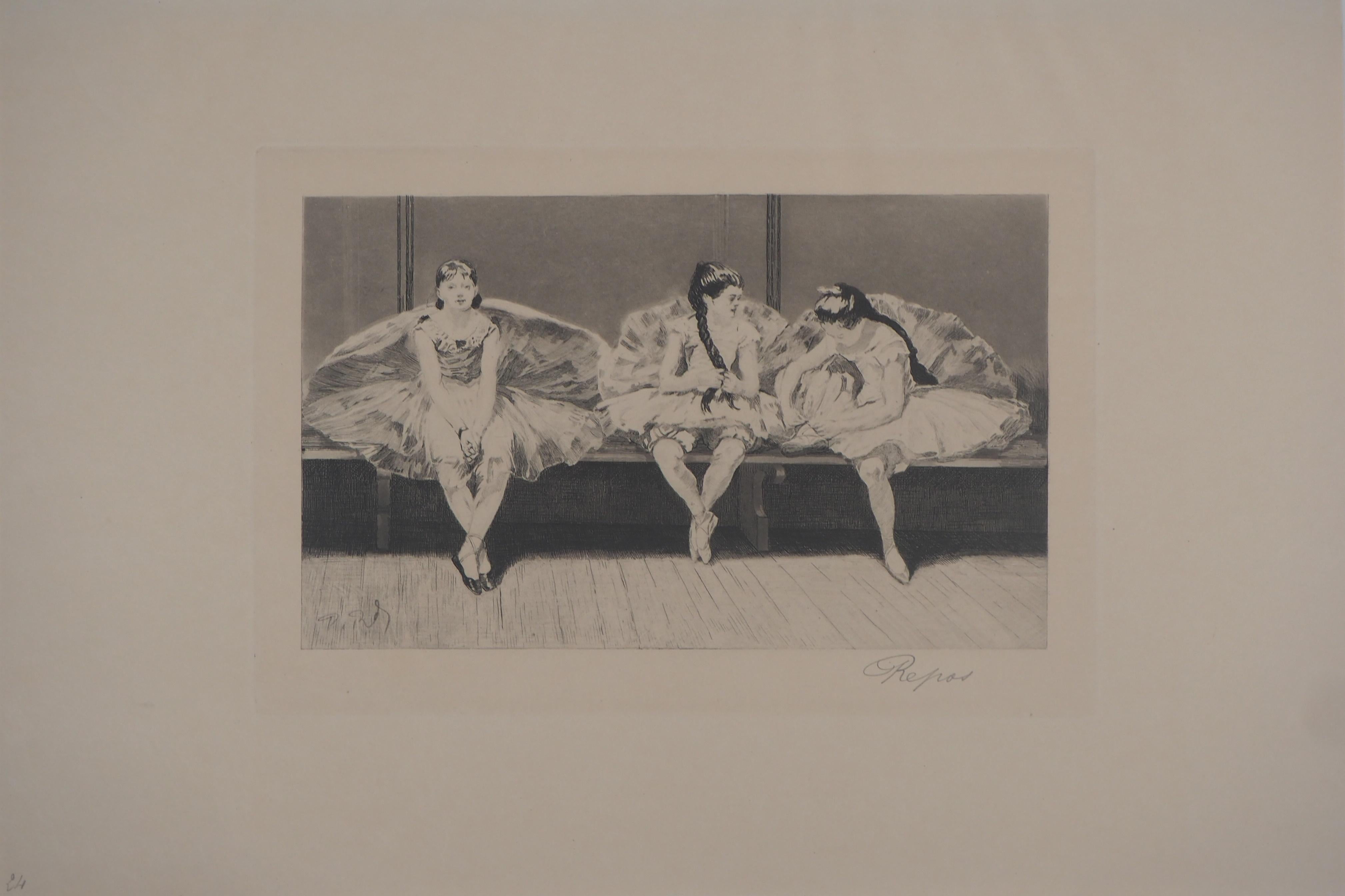 Charles Paul Renouard Figurative Print - Ballerinas Having a Rest - Original etching, Signed
