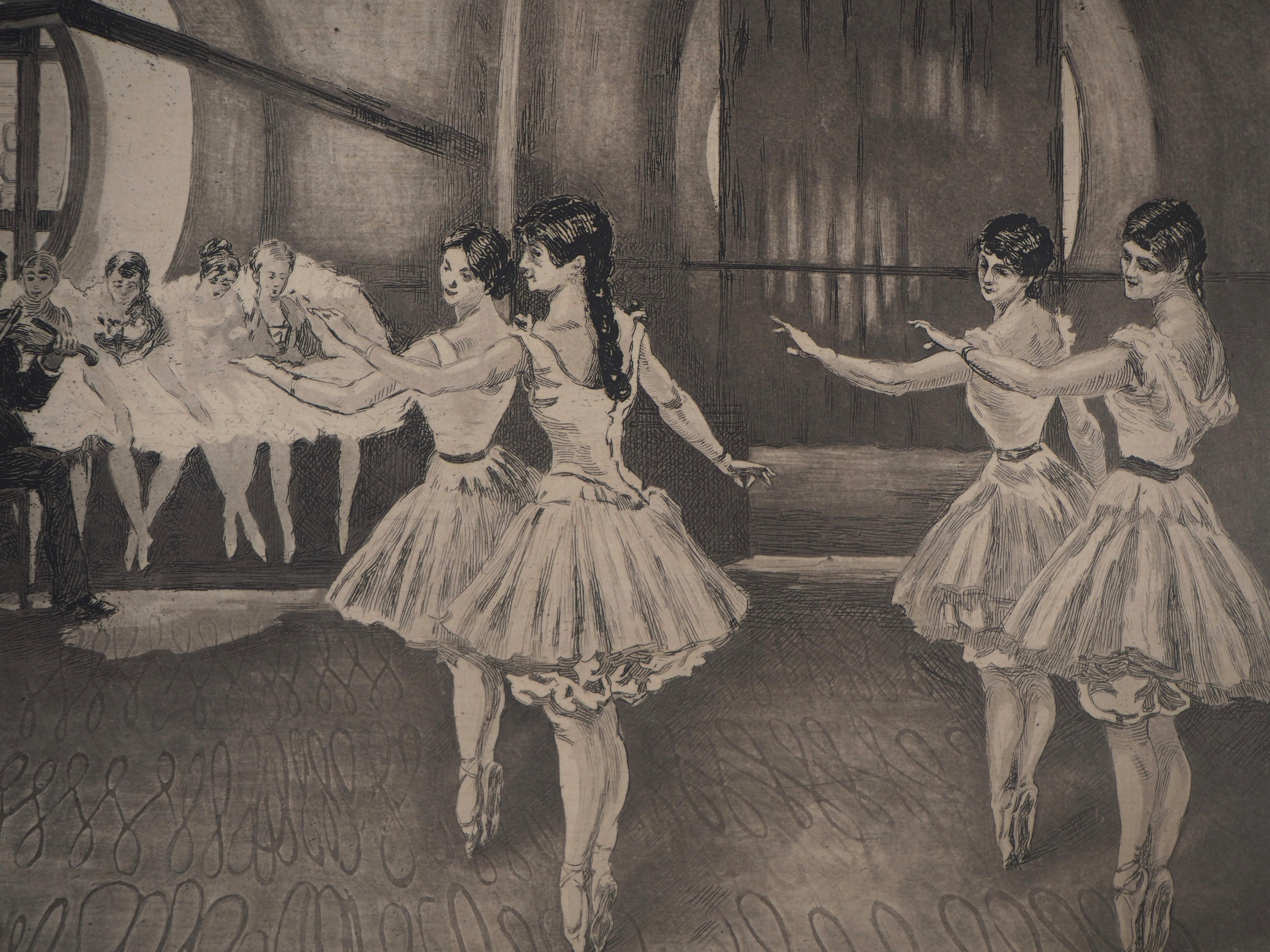 Dancing Class - Original etching, Signed - Brown Figurative Print by Charles Paul Renouard