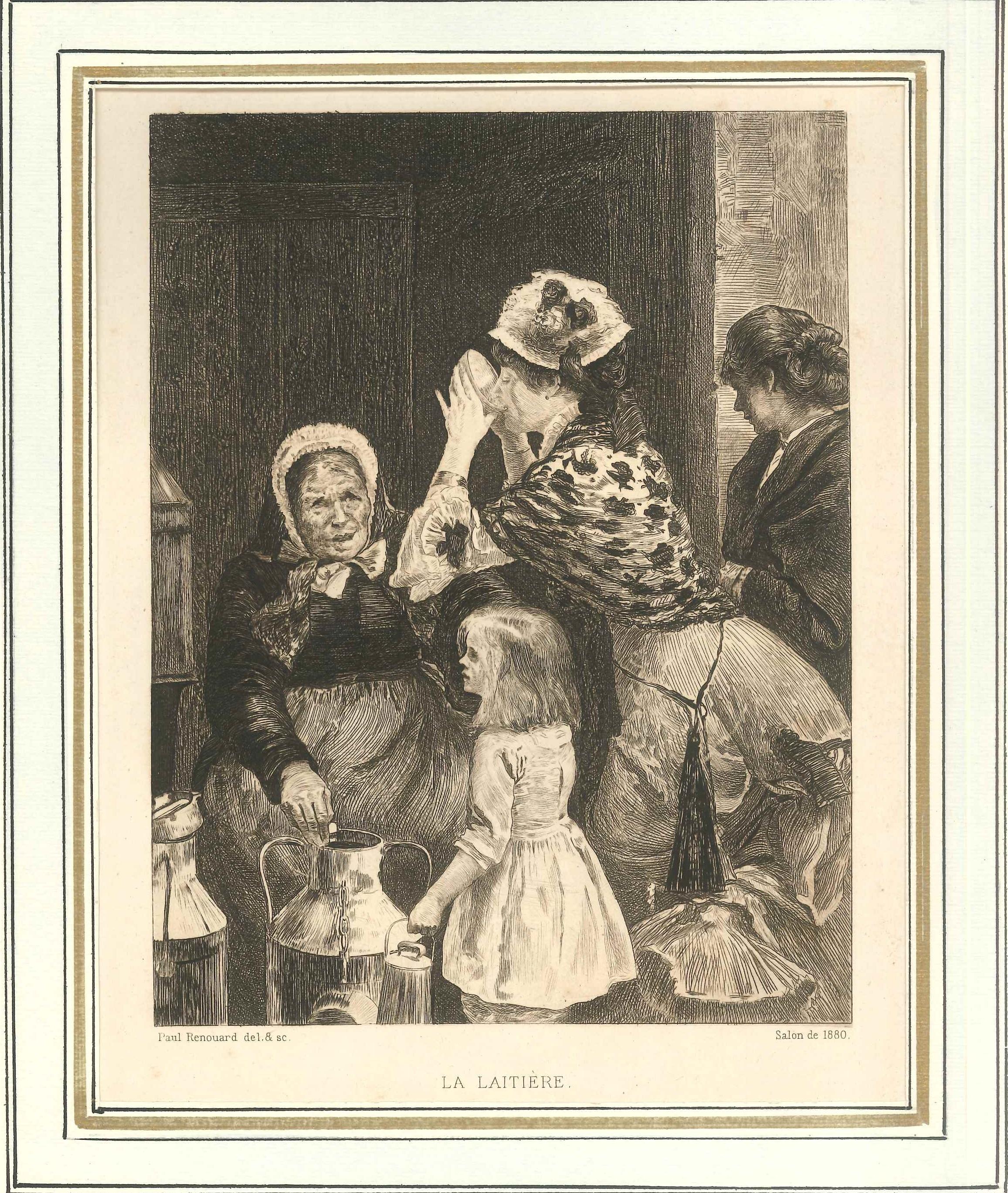 Charles Paul Renouard Figurative Print - La Laitière - Original Etching and Drypoint by C.P. Renouard - 1880