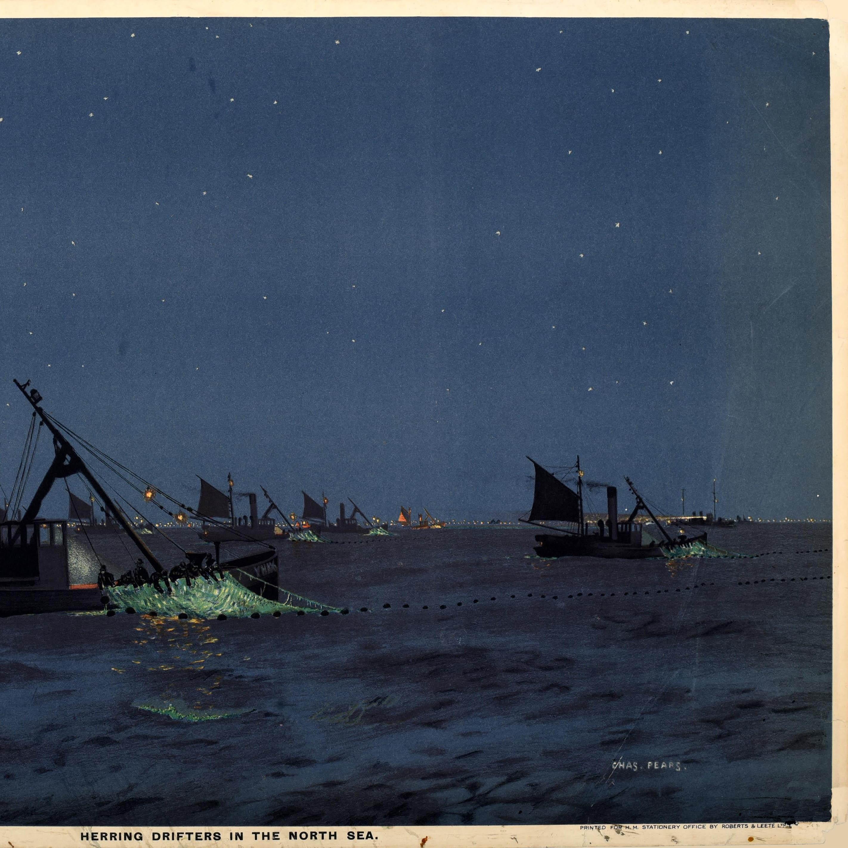 Cartel original de época emitido por el Empire Marketing Board (EMB 1926-1933): Herring Drifters In The North Sea (Pescadores de arenques a la deriva en el Mar del Norte), con impresionantes ilustraciones del pintor, ilustrador y cartelista