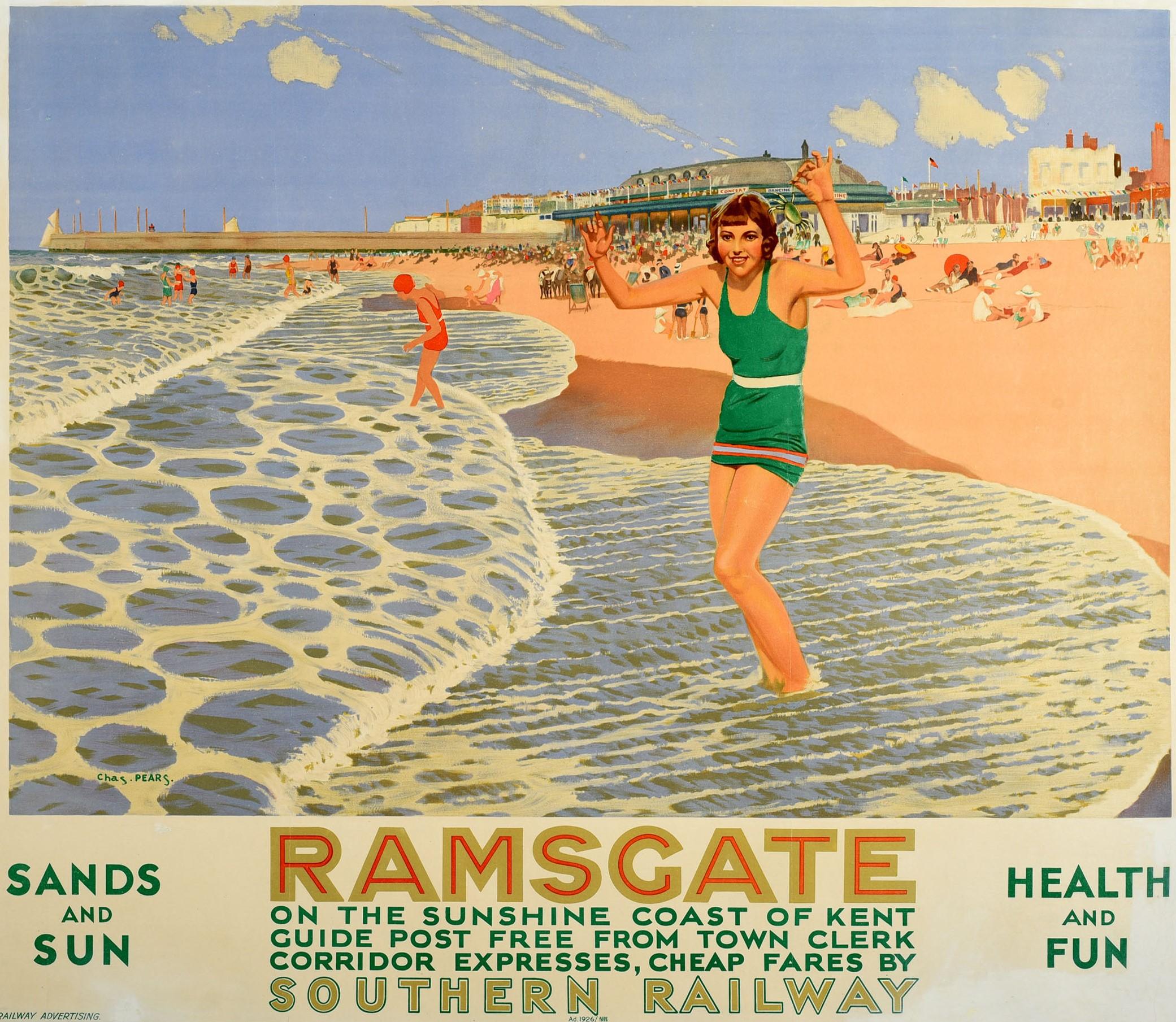 Original Vintage Railway Poster Ramsgate Main Sands Sun Health Fun Coast Travel - Beige Print by Charles Pears