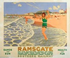 Original Antique Railway Poster Ramsgate Main Sands Sun Health Fun Coast Travel
