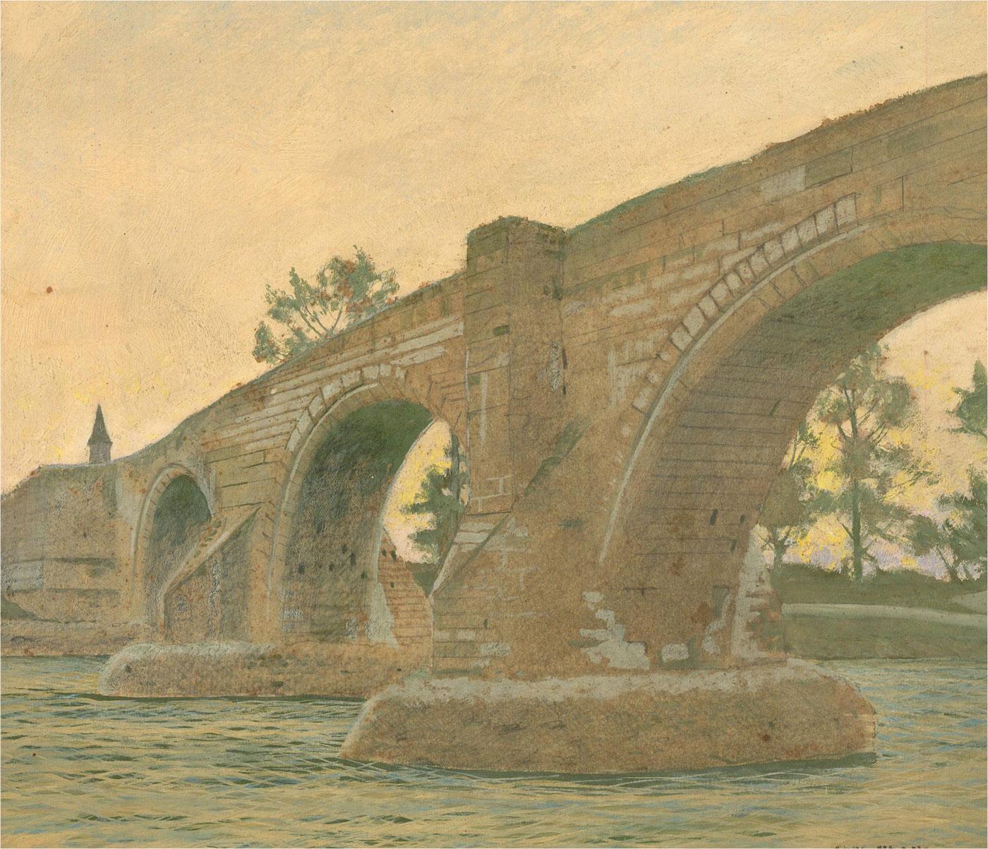 An oil and watercolour painting of Stirling Bridge in Scotland by the renowned marine and war artist Charles Pears. Signed to the lower-right edge. Inscribed with the location to the reverse. On wove laid to board.