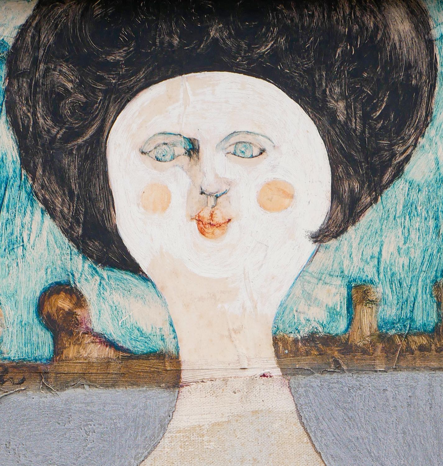 „ If I Were Only 21“, blau-graues, abstraktes, figuratives Gemälde einer Dame im Angebot 3