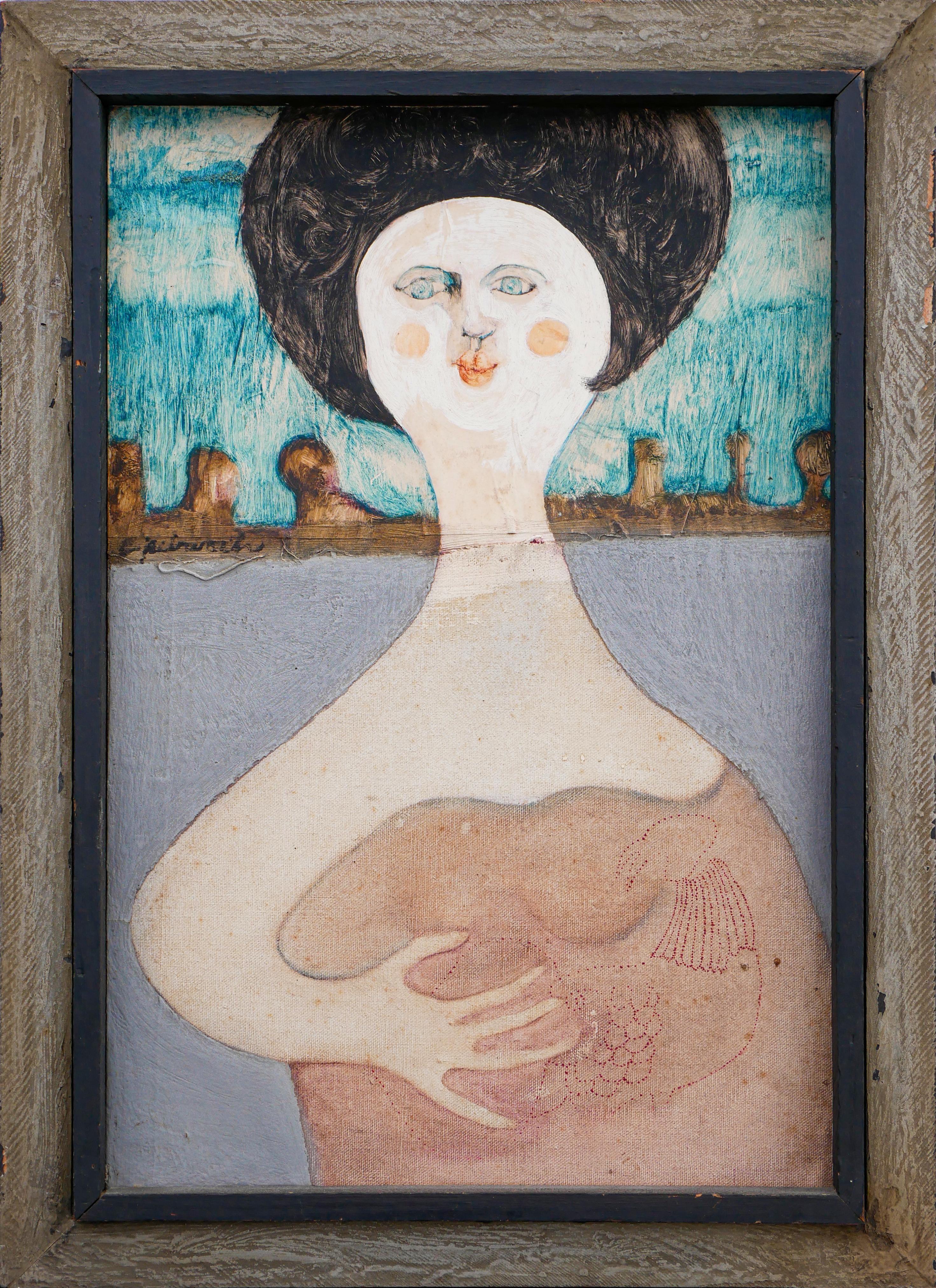 Blue, peach, and gray abstract figurative mixed media painting by Houston, TX artist Charles Pebworth. The piece depicts a woman with a big hairdo against a landscape scene. Signed and titled by the artist at the back. Framed in a gray-toned wooden