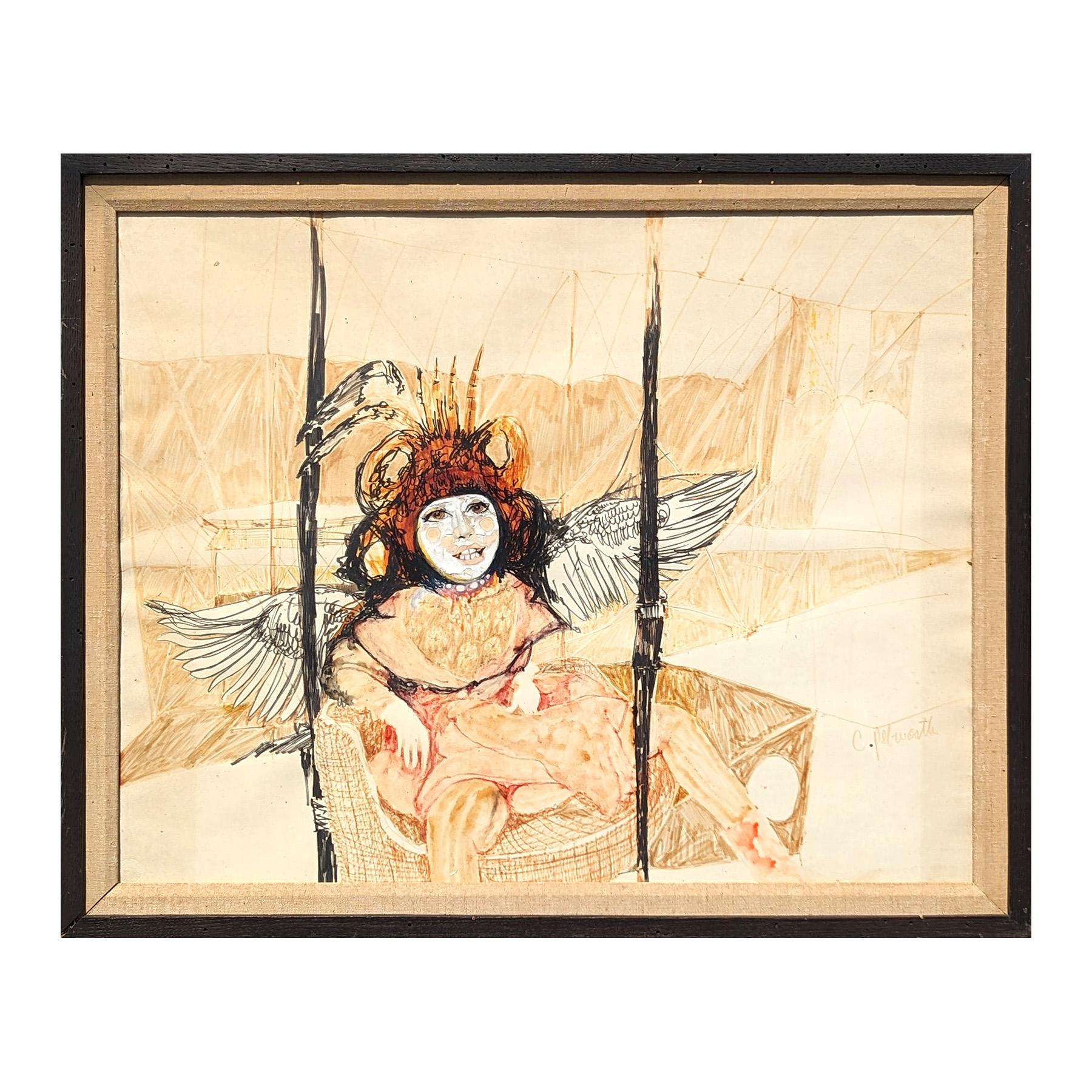 Modern Abstract Neutral Tone Figurative Drawing of a Woman with Wings - Painting by Charles Pebworth