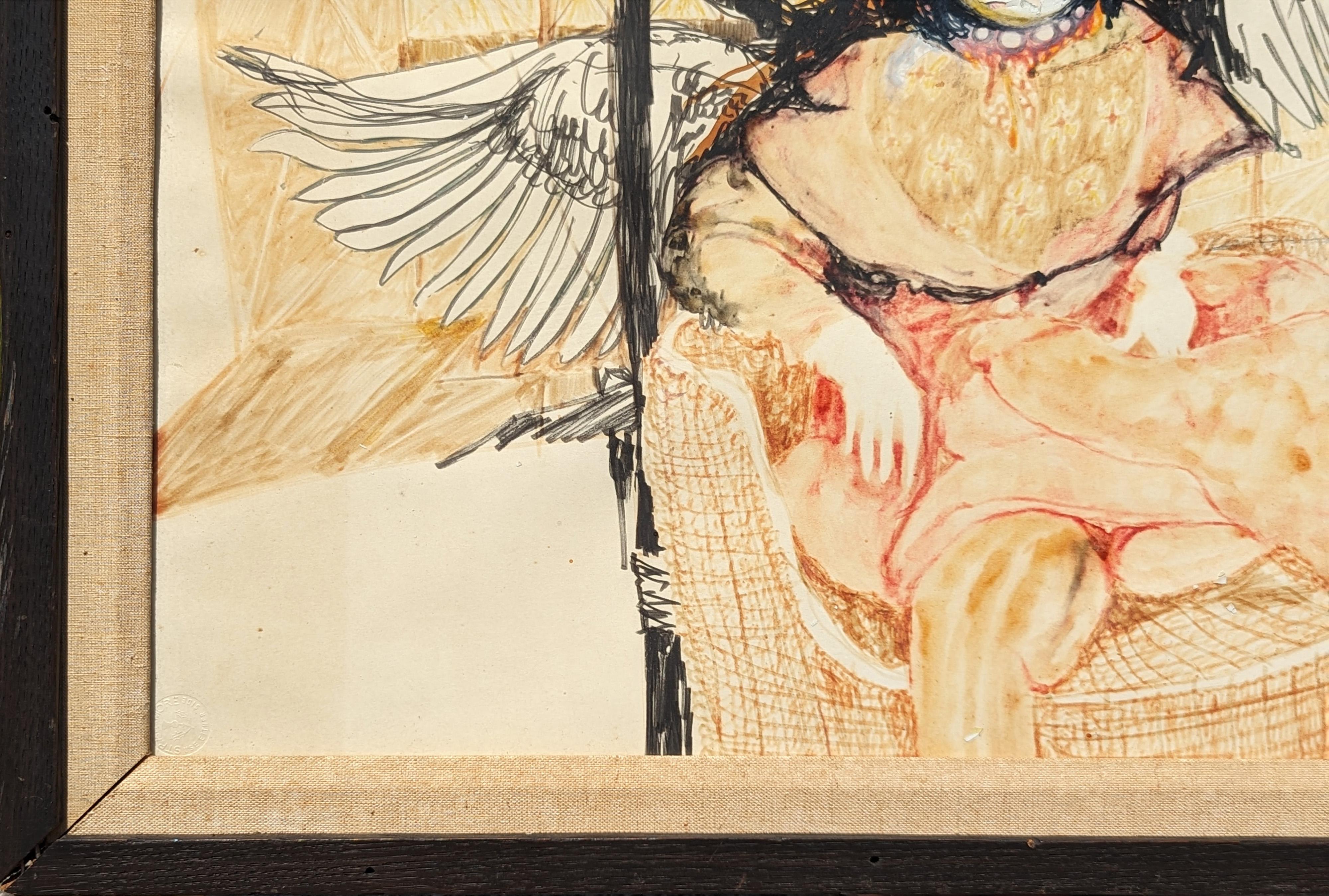 Dibujo figurativo abstracto moderno en tonos neutros de una mujer con alas - Figurative Painting Naranja de Charles Pebworth