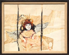 Modern Abstract Neutral Tone Figurative Drawing of a Woman with Wings