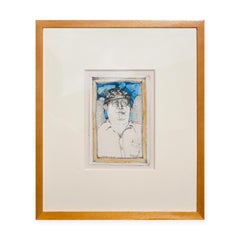 "Viejo ángel de Tepoco" Dibujo figurativo abstracto amarillo y azul de un hombre con alas