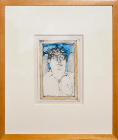 "Old Tepoco Angel" Yellow & Blue Abstract Figurative Drawing of a Man with Wings