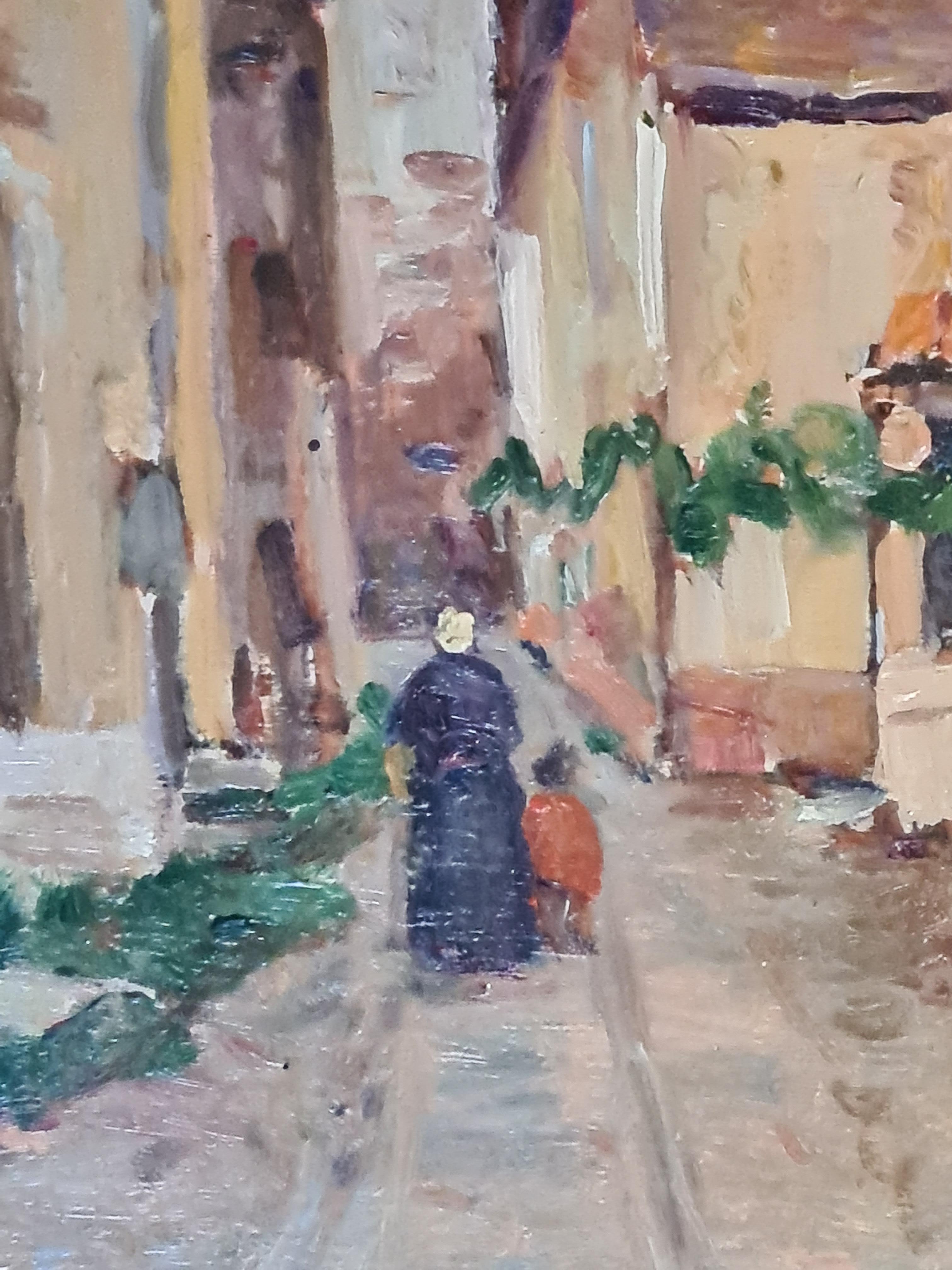 Scène de rue impressionniste française du début du 20e siècle par Charles Pellegrin. Le tableau est signé en bas à droite et une étiquette de titre et d'exposition est apposée au dos du panneau. Présenté dans un cadre en bois et tissu doré.

Une