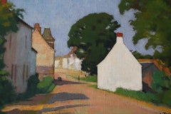 Antique French Country Road Landscape Oil on Canvas Painting by Charles Perron